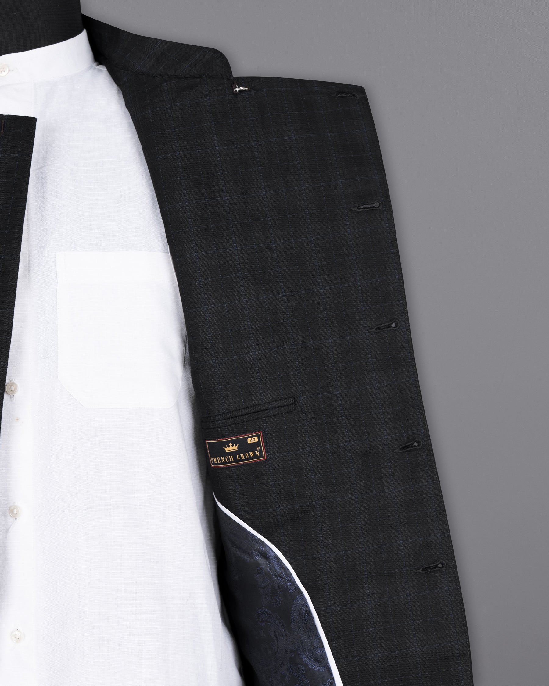 Mine Shaft Black Plaid Cross Buttoned Bandhgala Wool Rich Suit ST1387-CBG-36, ST1387-CBG-38, ST1387-CBG-40, ST1387-CBG-42, ST1387-CBG-44, ST1387-CBG-46, ST1387-CBG-48, ST1387-CBG-50, ST1387-CBG-52, ST1387-CBG-54, ST1387-CBG-56, ST1387-CBG-58, ST1387-CBG-60