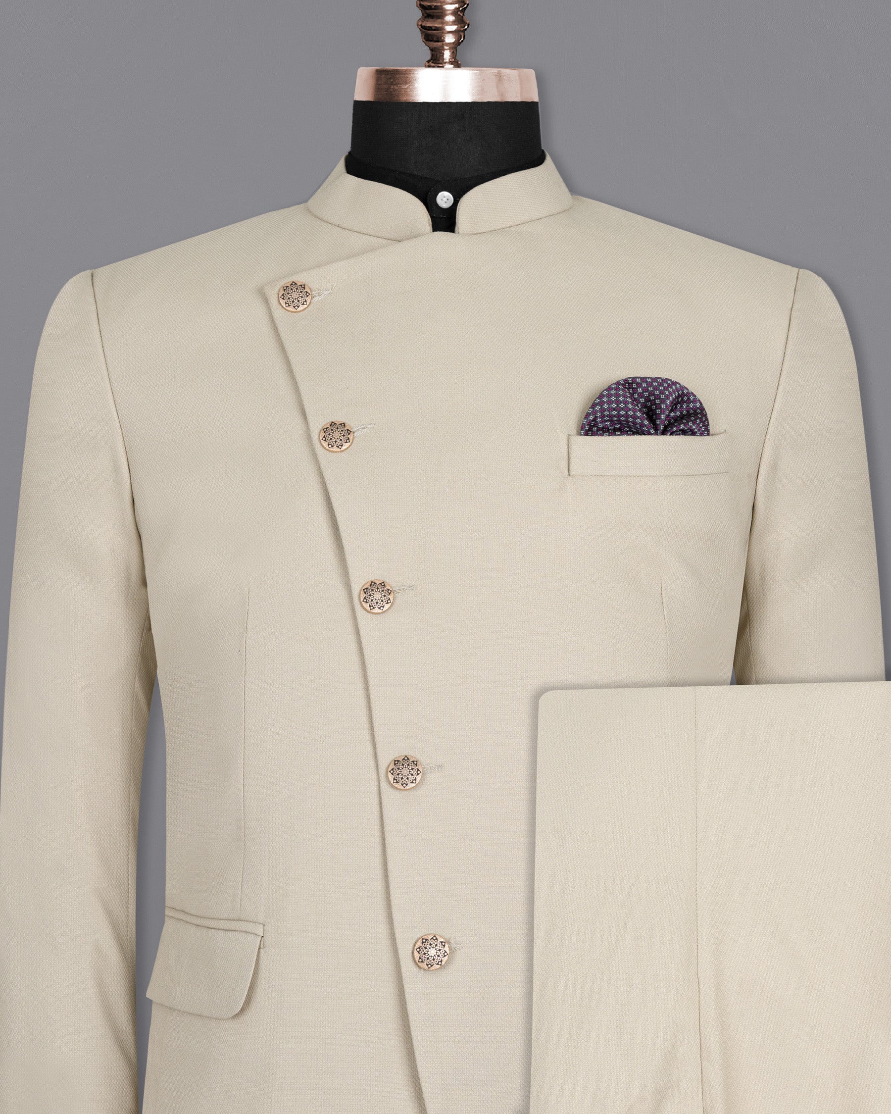 Sisal Cream Cross Buttoned Wool Rich Bandhgala Suit ST1443-CBG-36,ST1443-CBG-38,ST1443-CBG-40,ST1443-CBG-42,ST1443-CBG-44,ST1443-CBG-46,ST1443-CBG-48,ST1443-CBG-50,ST1443-CBG-52,ST1443-CBG-54,ST1443-CBG-56,ST1443-CBG-58,ST1443-CBG-60