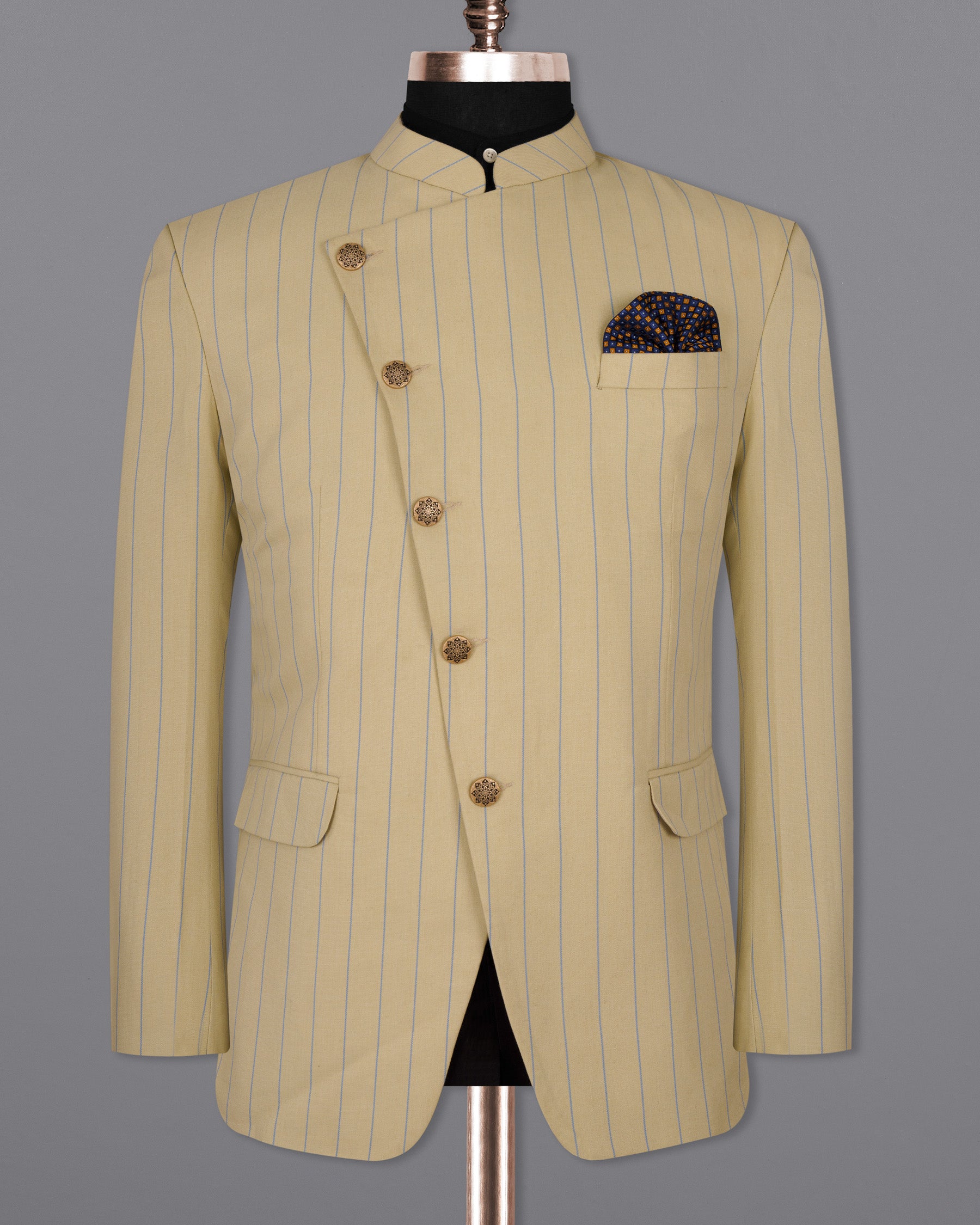 Pavlova Cream Striped Woolrich Cross Buttoned Bandhgala Suit ST1523-CBG-36, ST1523-CBG-38, ST1523-CBG-40, ST1523-CBG-42, ST1523-CBG-44, ST1523-CBG-46, ST1523-CBG-48, ST1523-CBG-50, ST1523-CBG-52, ST1523-CBG-54, ST1523-CBG-56, ST1523-CBG-58, ST1523-CBG-60