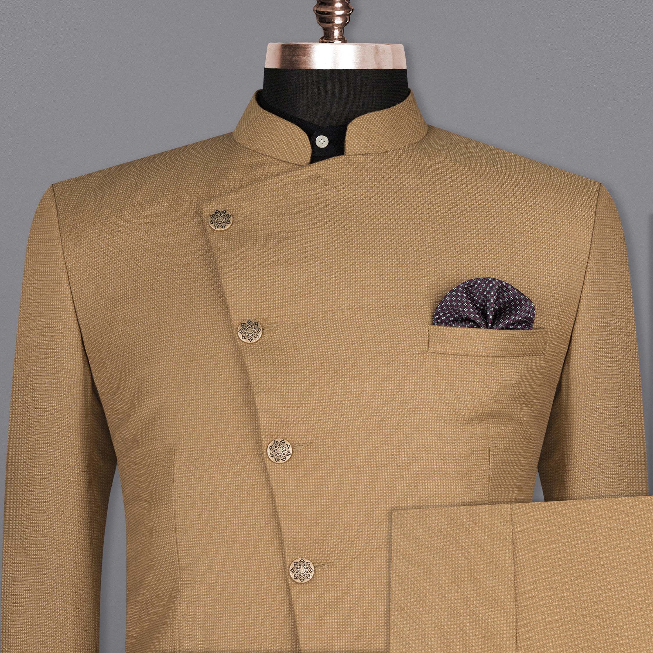 Oak Brown Cross Placket Bandhgala Premium Cotton Suit