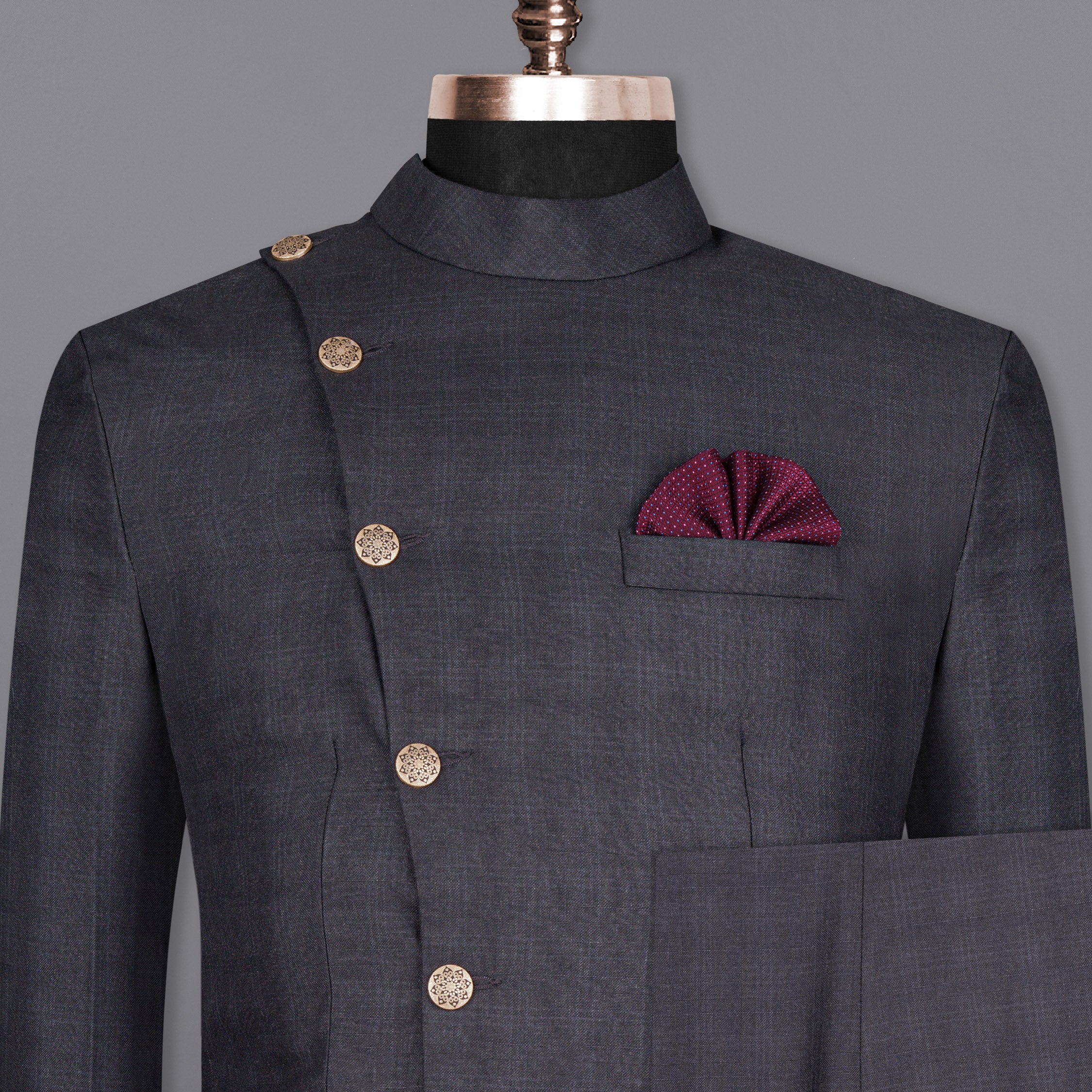 Gravel Grey Subtle Plaid Cross Placket Bandhgala Wool Rich Suit