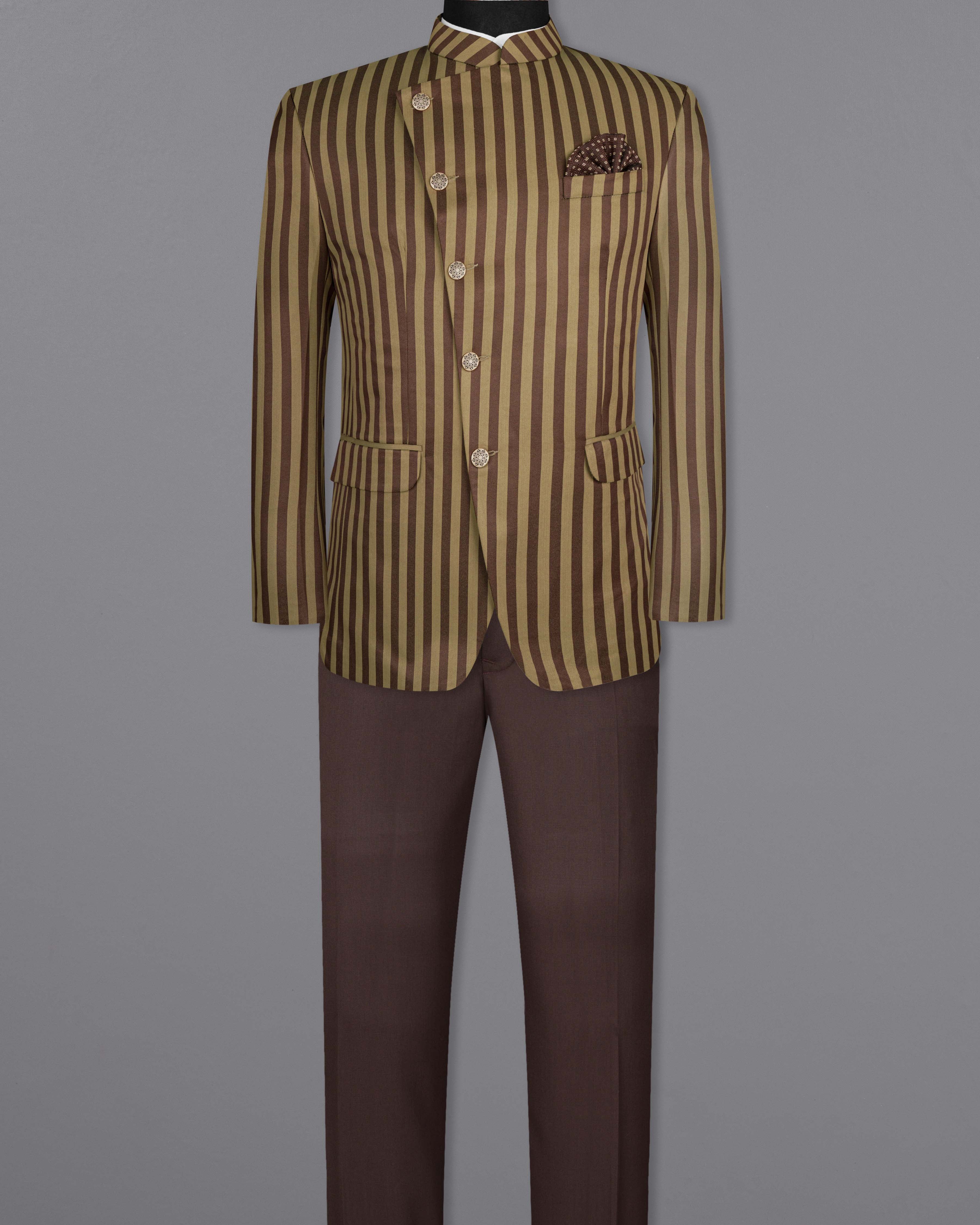 Muesli STriped Cross Buttoned Bandhgala Wool Rich Suit ST1583-CBG-36, ST1583-CBG-38, ST1583-CBG-40, ST1583-CBG-42, ST1583-CBG-44, ST1583-CBG-46, ST1583-CBG-48, ST1583-CBG-50, ST1583-CBG-52, ST1583-CBG-54, ST1583-CBG-56, ST1583-CBG-58, ST1583-CBG-60