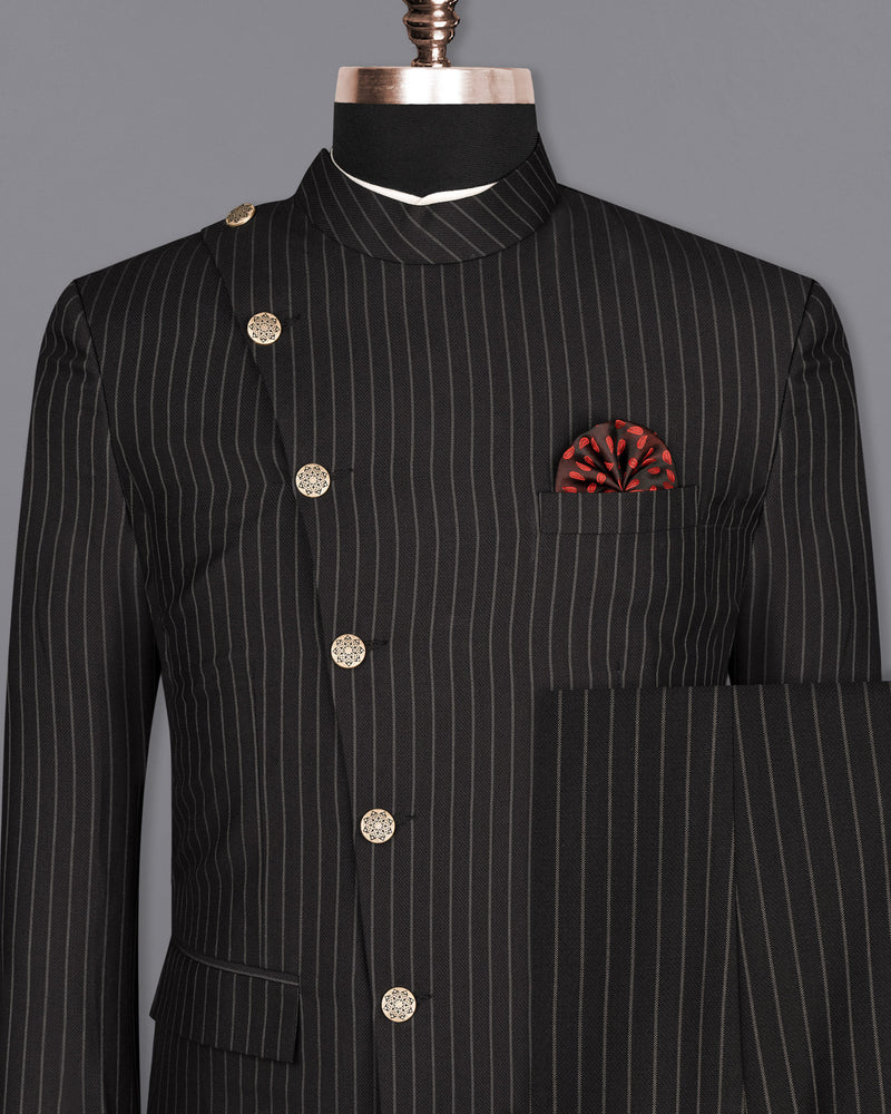 Piano Black Striped Cross Button Woolrich Bandhgala Suit ST1618-CBG2-36, ST1618-CBG2-38, ST1618-CBG2-40, ST1618-CBG2-42, ST1618-CBG2-44, ST1618-CBG2-46, ST1618-CBG2-48, ST1618-CBG2-50, ST1618-CBG2-52, ST1618-CBG2-54, ST1618-CBG2-56, ST1618-CBG2-58, ST1618-CBG2-60