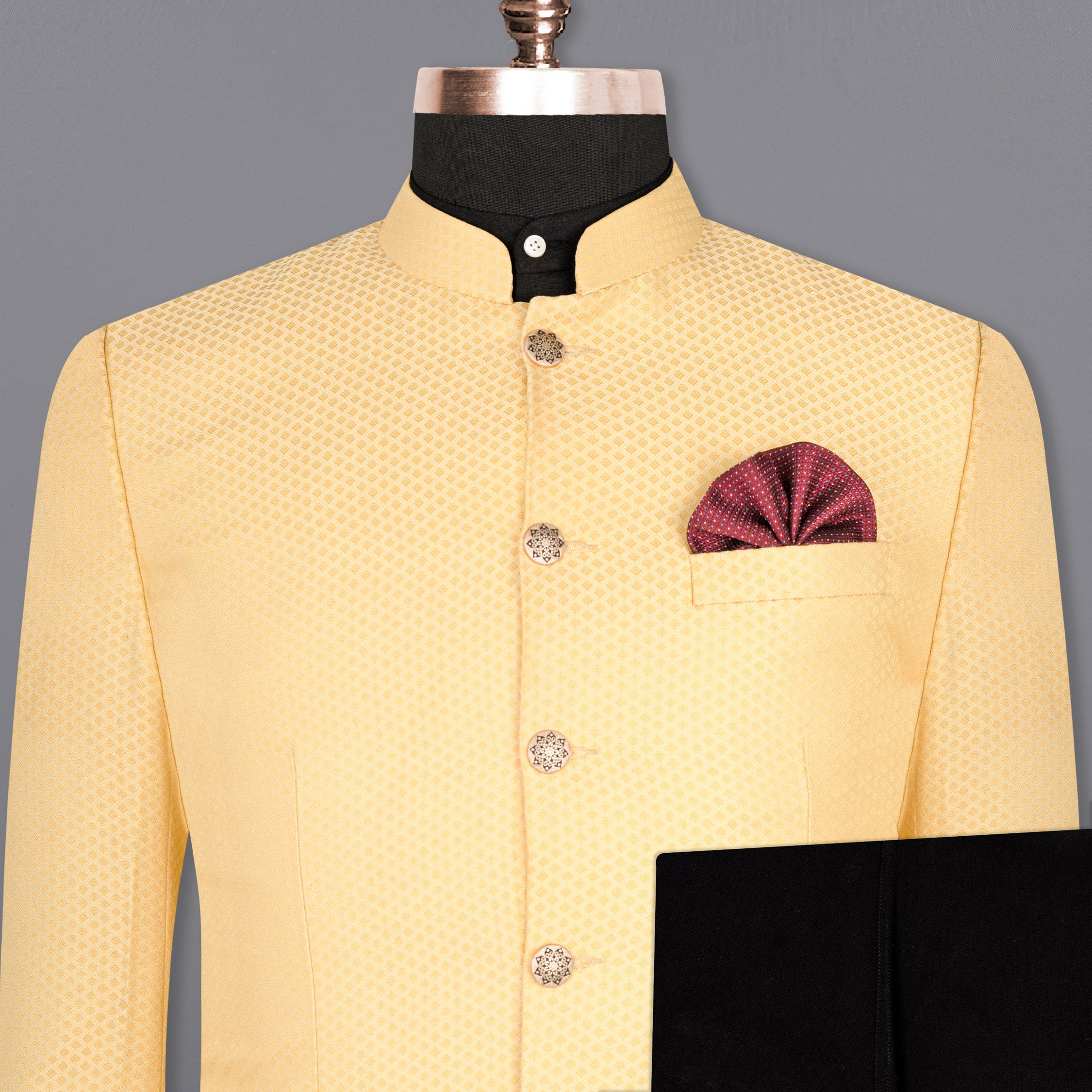 Marzipan Yellow Textured Bandhgala Designer Suit