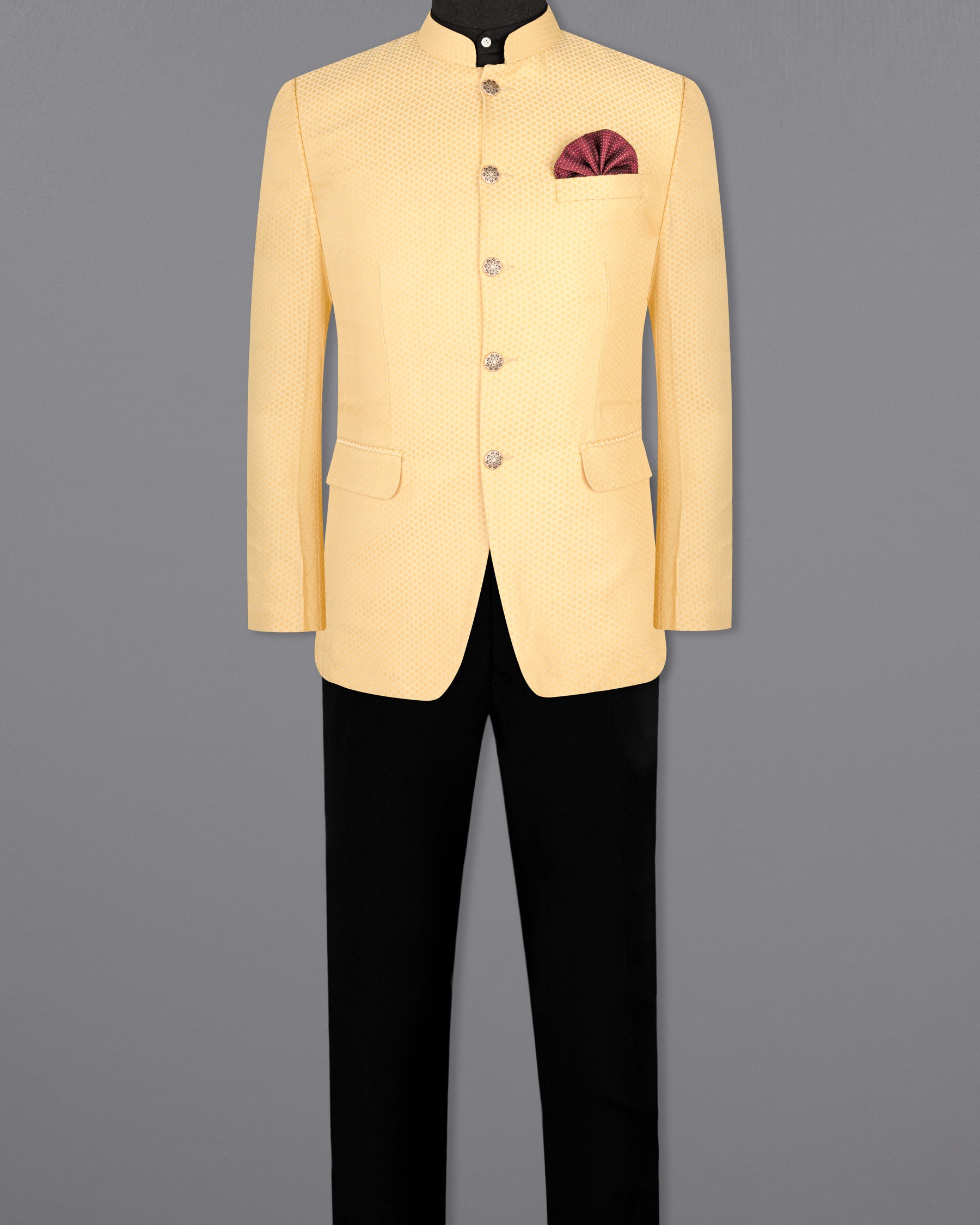 Marzipan Yellow Textured Bandhgala Designer Suit ST1651-BG-36, ST1651-BG-38, ST1651-BG-40, ST1651-BG-42, ST1651-BG-44, ST1651-BG-46, ST1651-BG-48, ST1651-BG-50, ST1651-BG-52, ST1651-BG-54, ST1651-BG-56, ST1651-BG-58, ST1651-BG-60