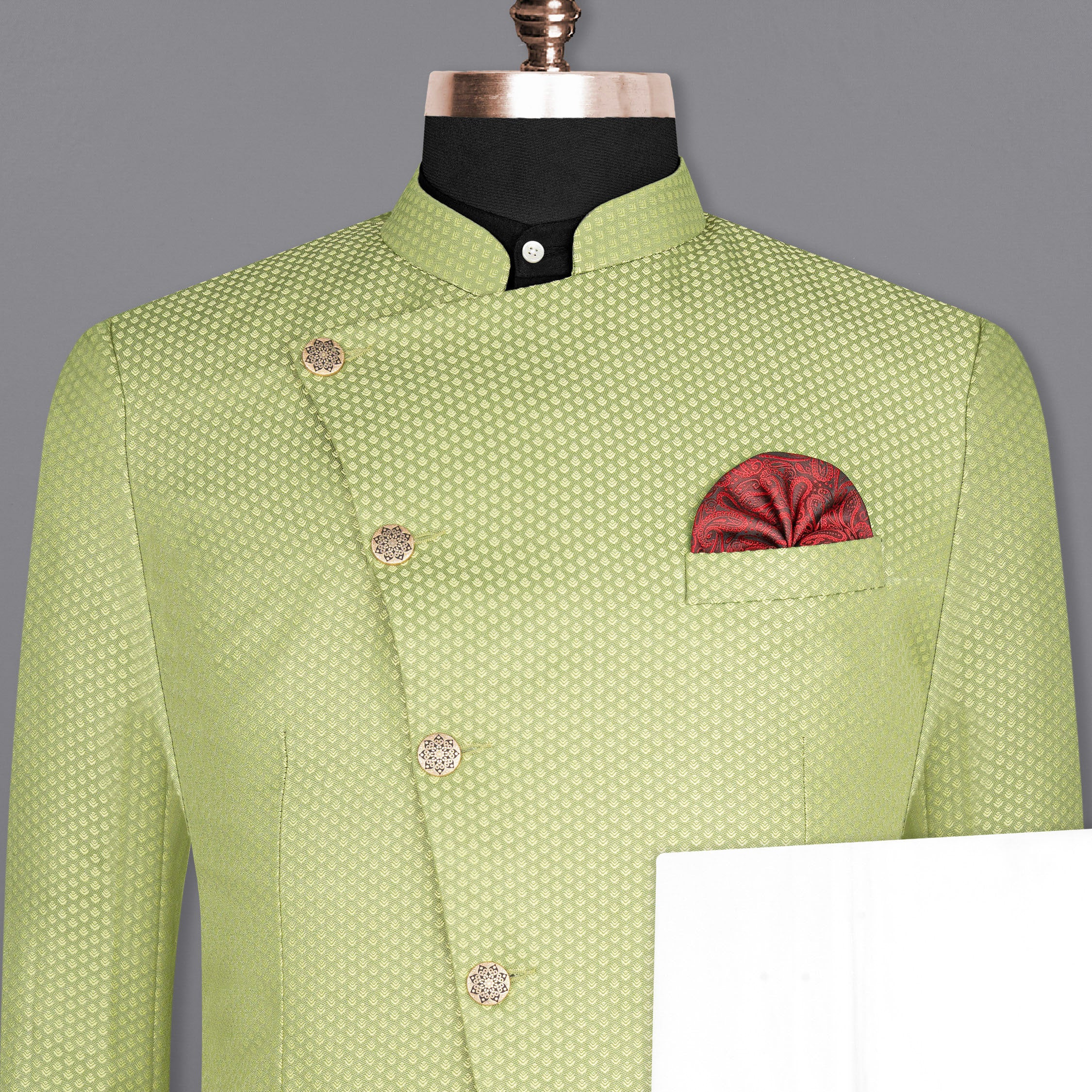 Olivine Green Cross Placket Bandhgala Designer Suit