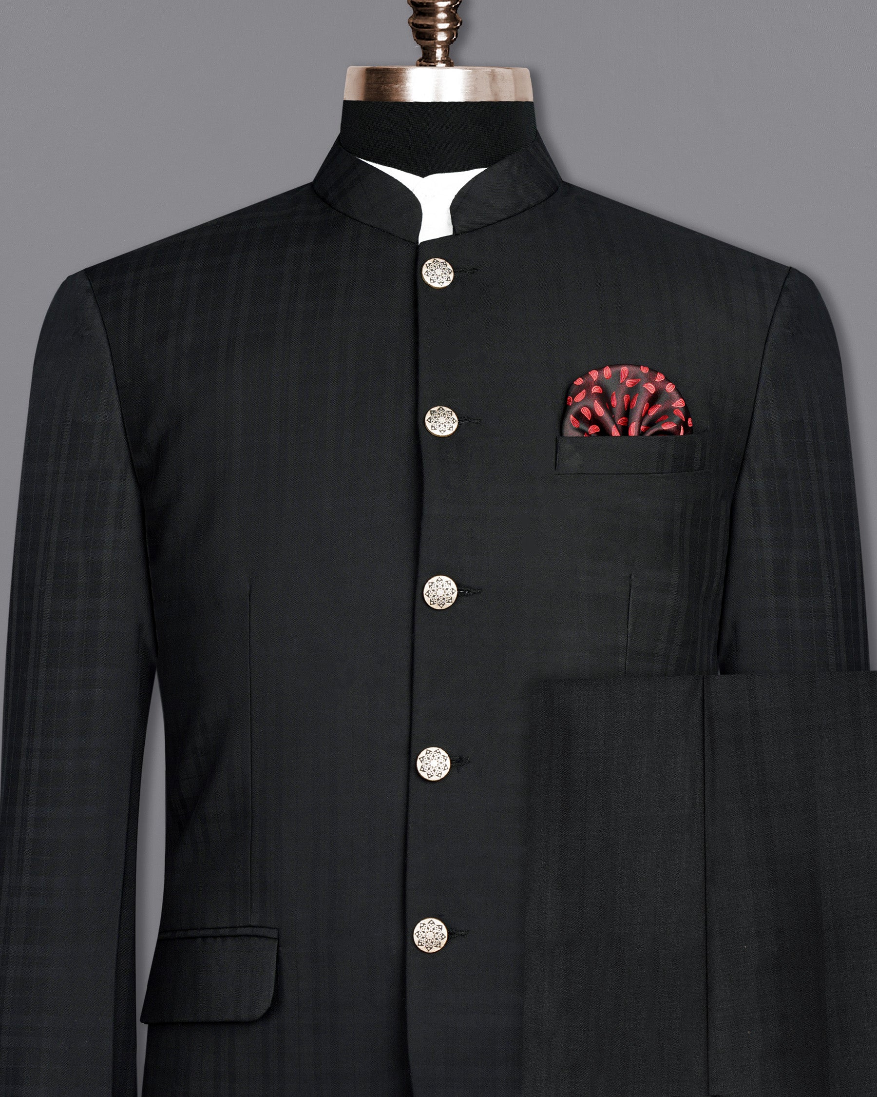 Jade Black Subtle Plaid Bandhgala Suit ST1883-BG-36, ST1883-BG-38, ST1883-BG-40, ST1883-BG-42, ST1883-BG-44, ST1883-BG-46, ST1883-BG-48, ST1883-BG-50, ST1883-BG-52, ST1883-BG-54, ST1883-BG-56, ST1883-BG-58, ST1883-BG-60