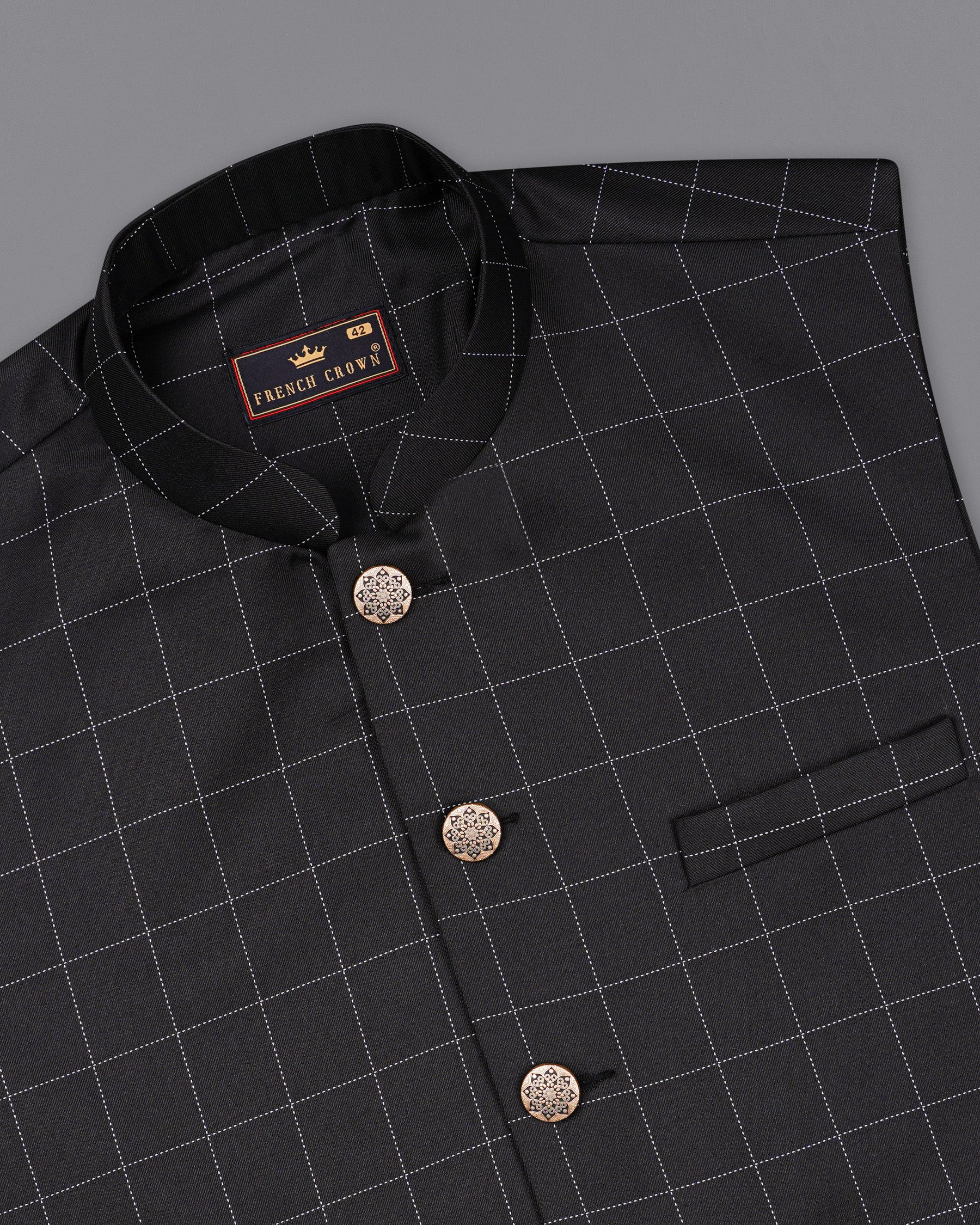 Jade Black windowpane Cross Placket Bandhgala Suit