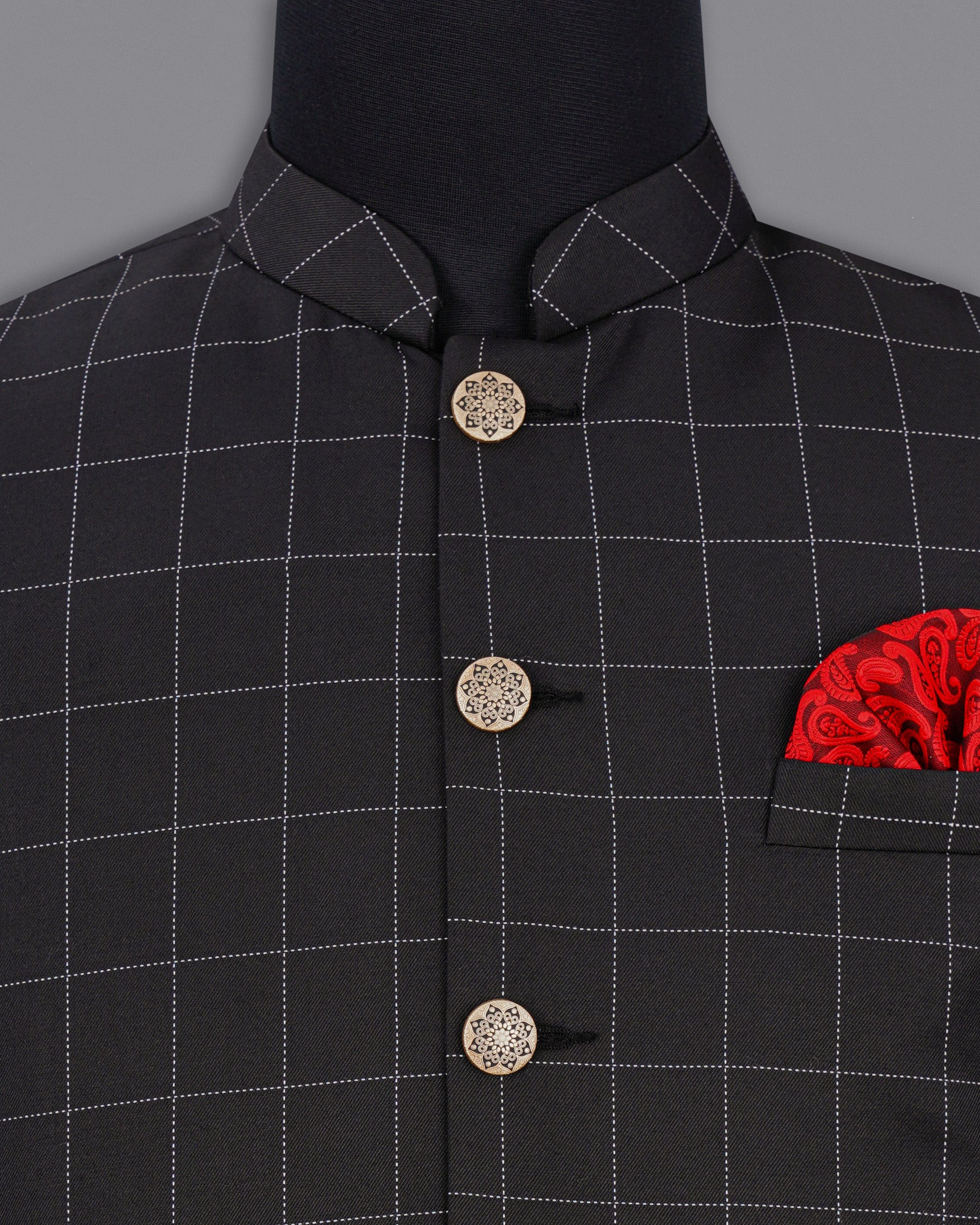 Jade Black windowpane Cross Placket Bandhgala Suit