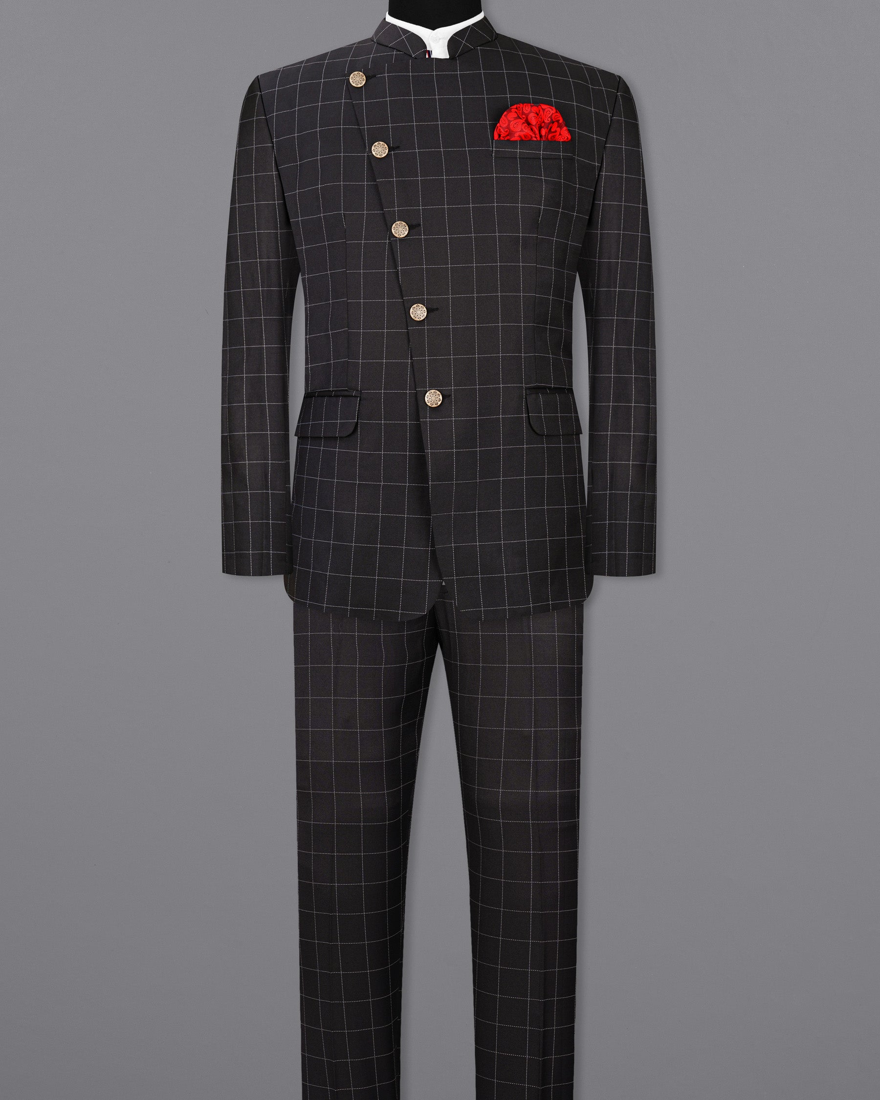 Jade Black windowpane Cross Placket Bandhgala Suit