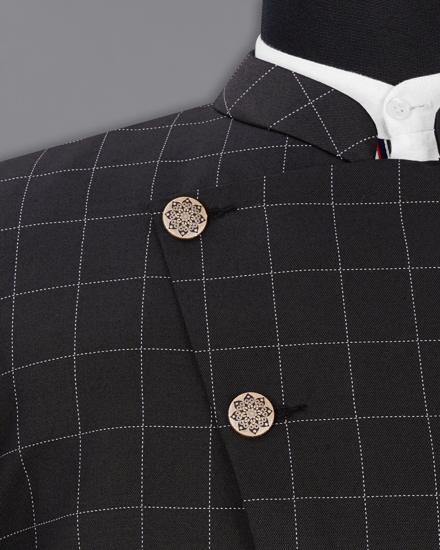 Jade Black windowpane Cross Placket Bandhgala Suit