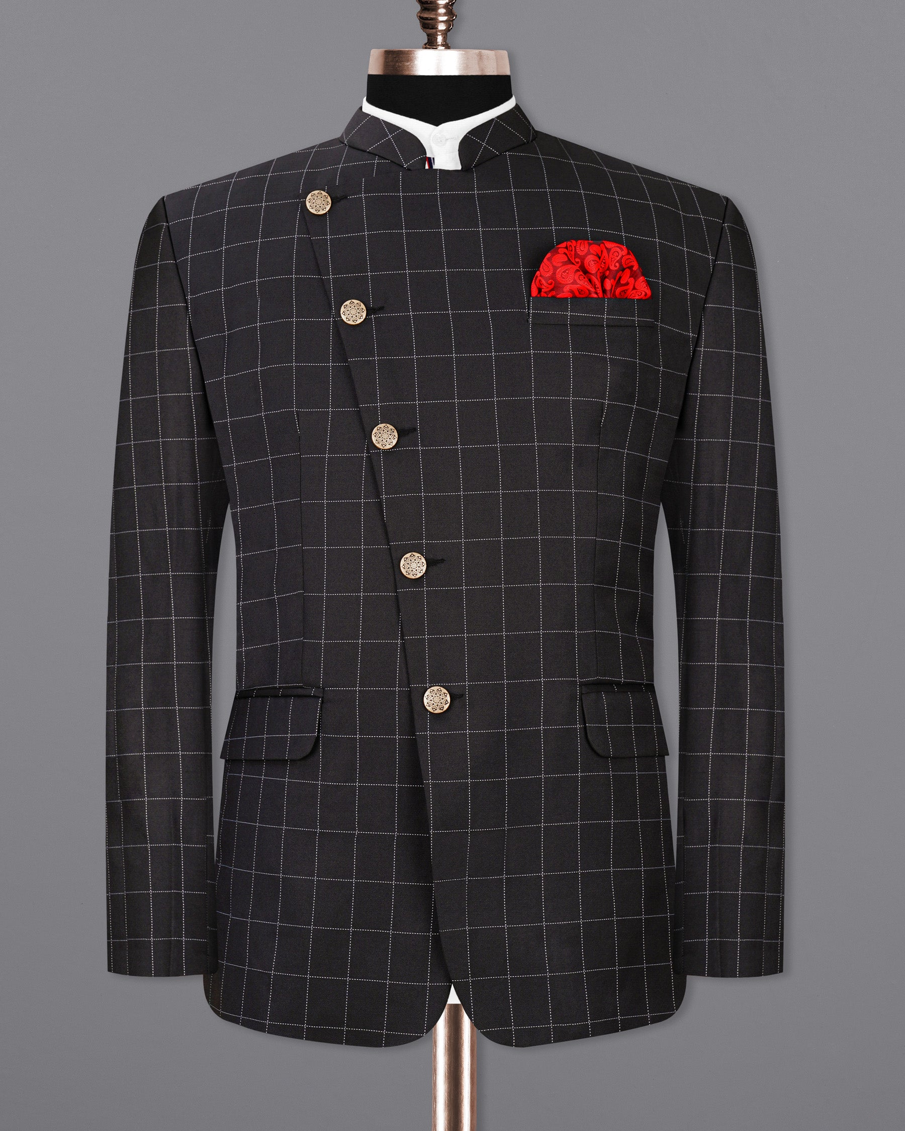 Jade Black windowpane Cross Placket Bandhgala Suit