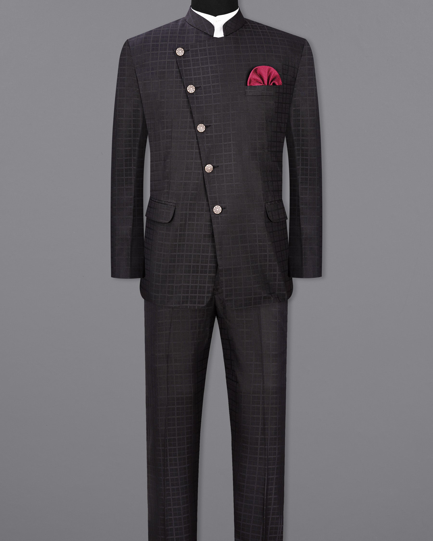 Baltic Sea Black Subtle Plaid Cross Placket Bandhgala Suit