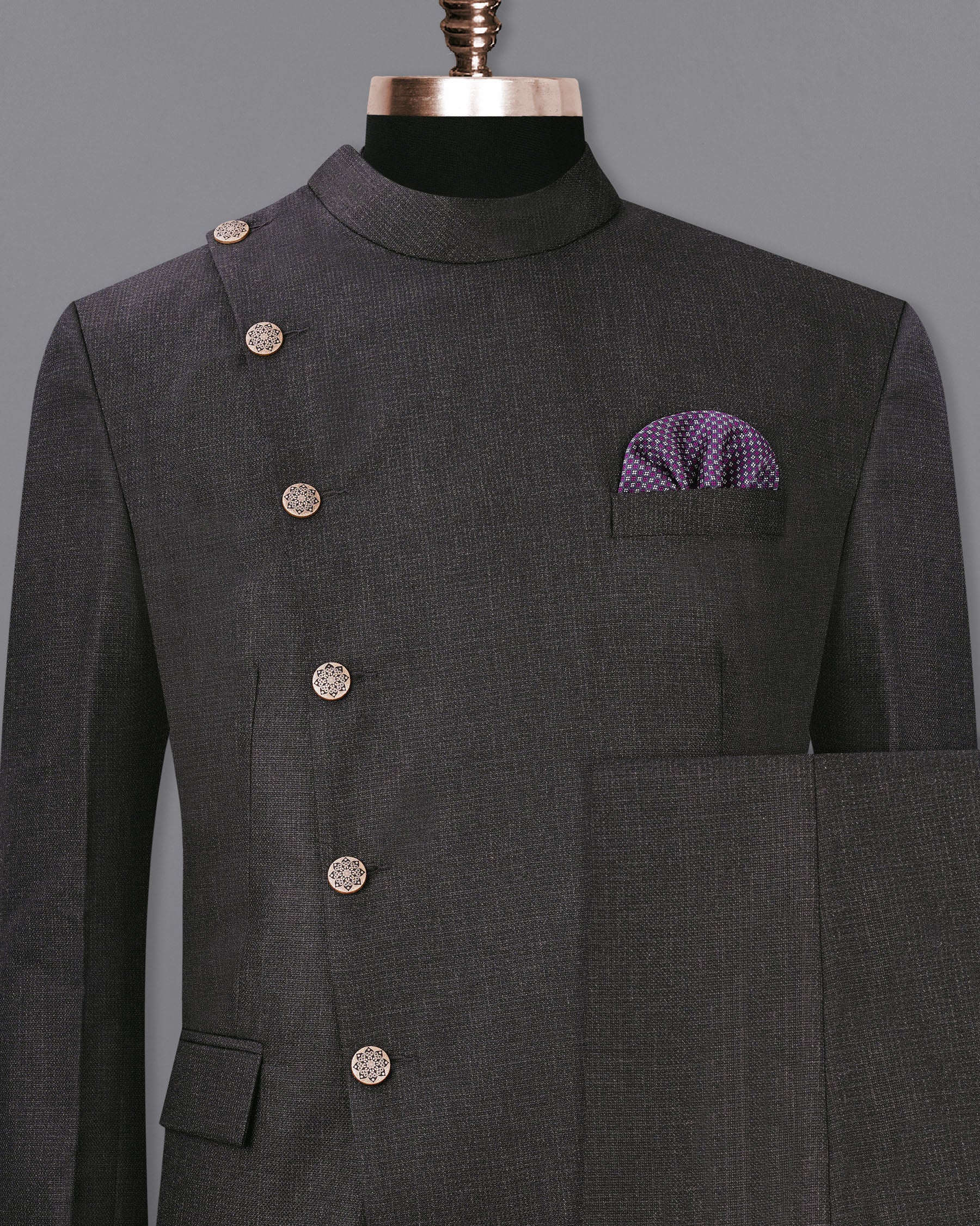 Piano Gray Cross Placket Bandhgala Suit