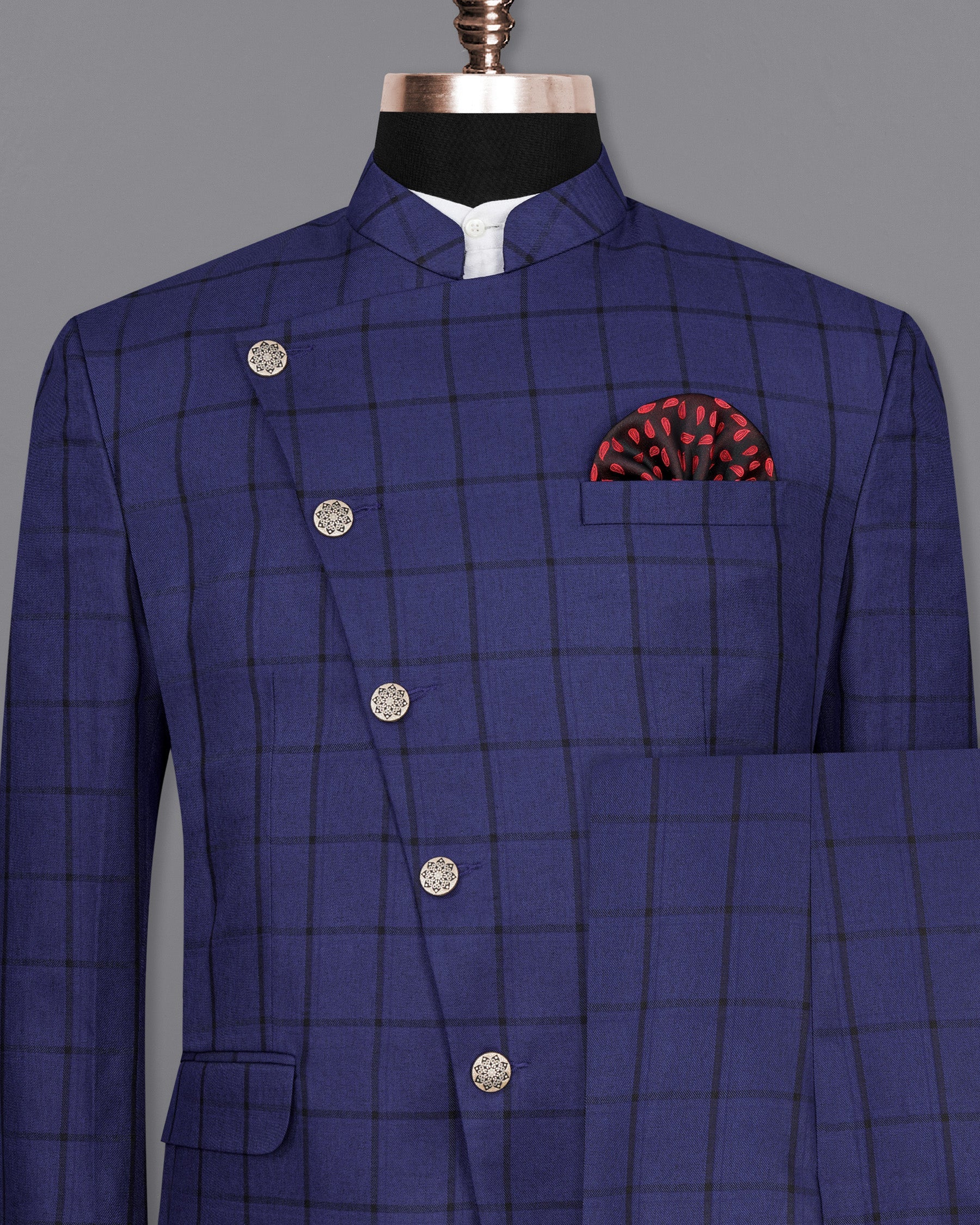 Dark Blue Windowpane Cross Placket Bandhgala Suit