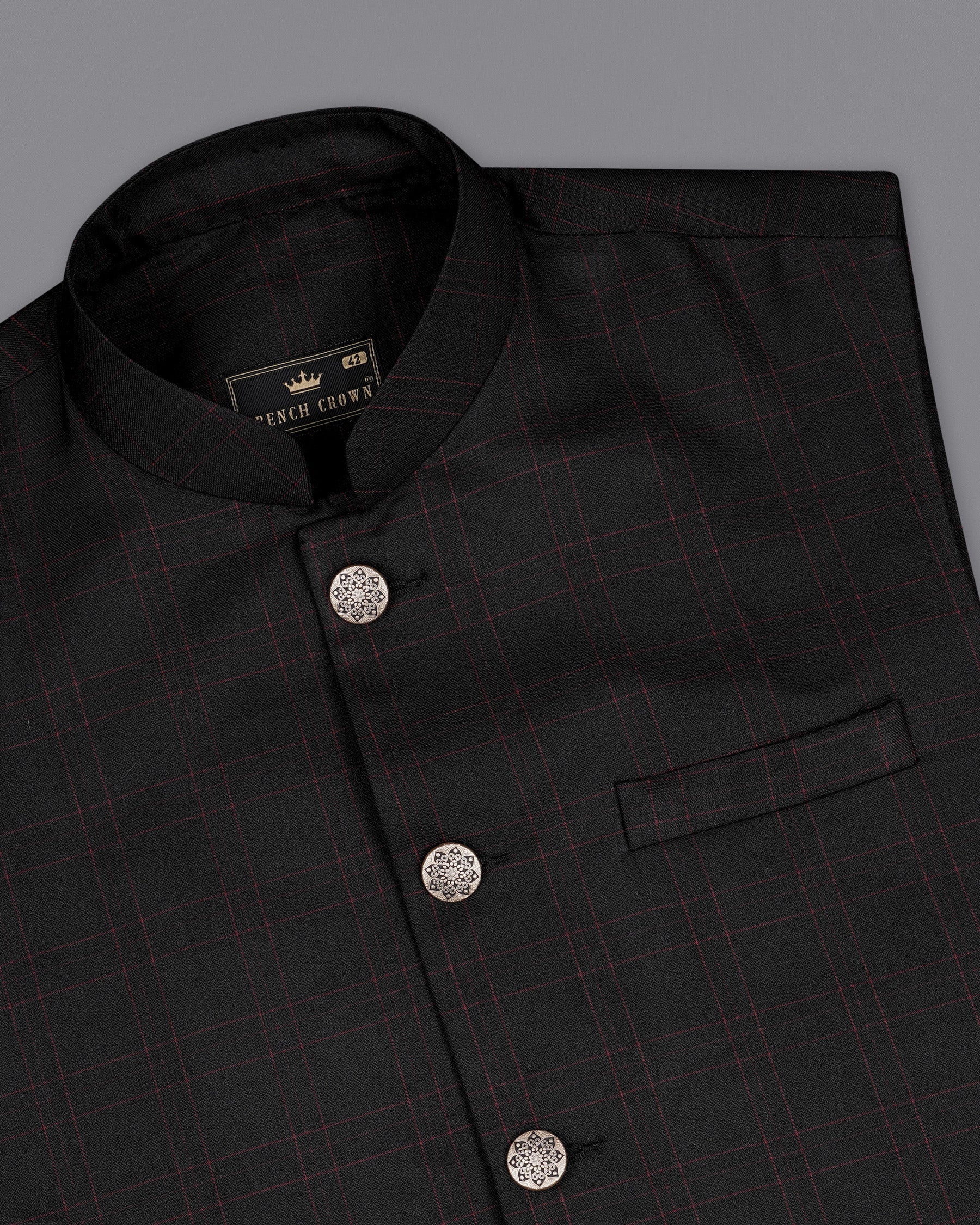 Onyx Black windowpane Cross Placket Bandhgala Suit