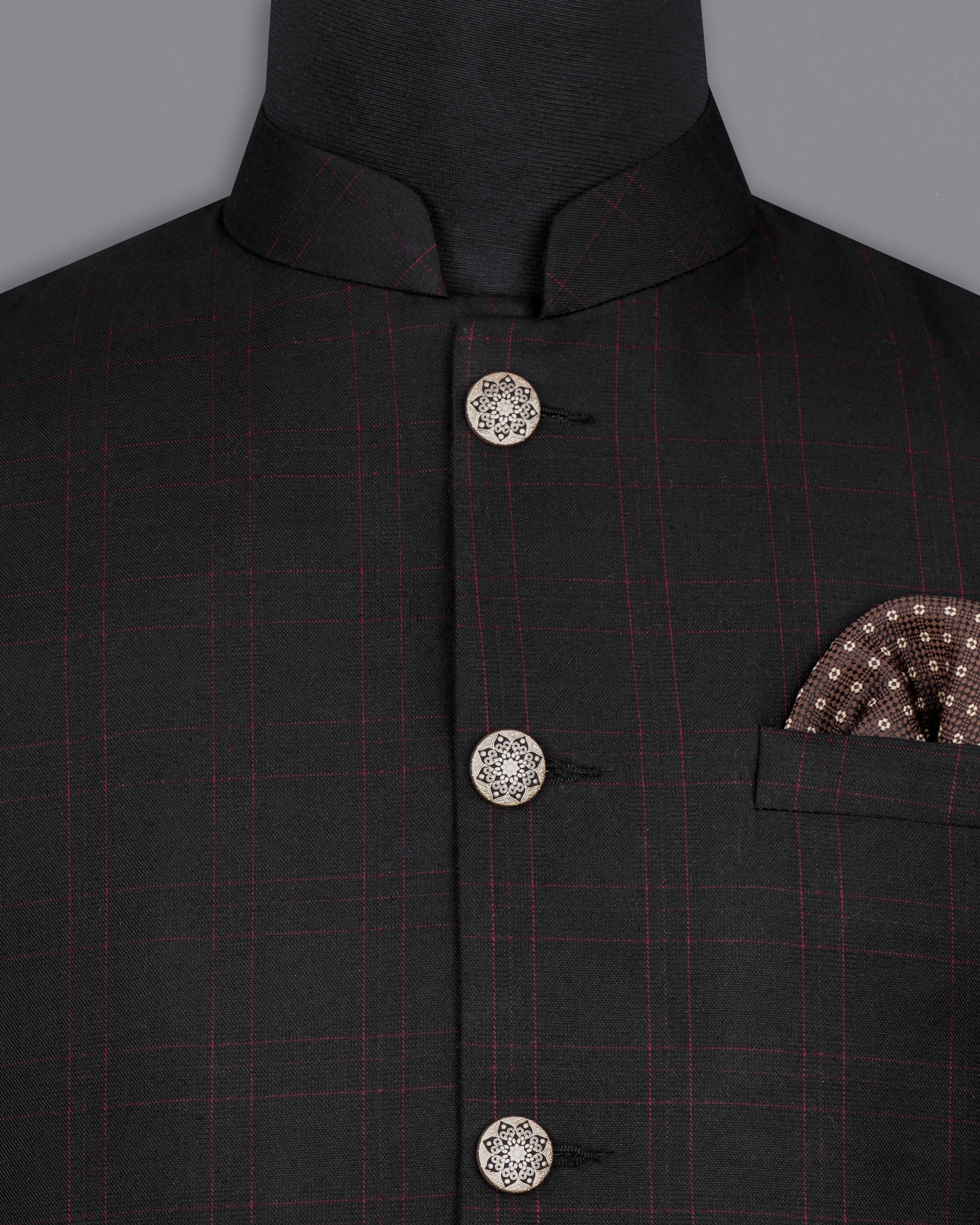 Onyx Black windowpane Cross Placket Bandhgala Suit