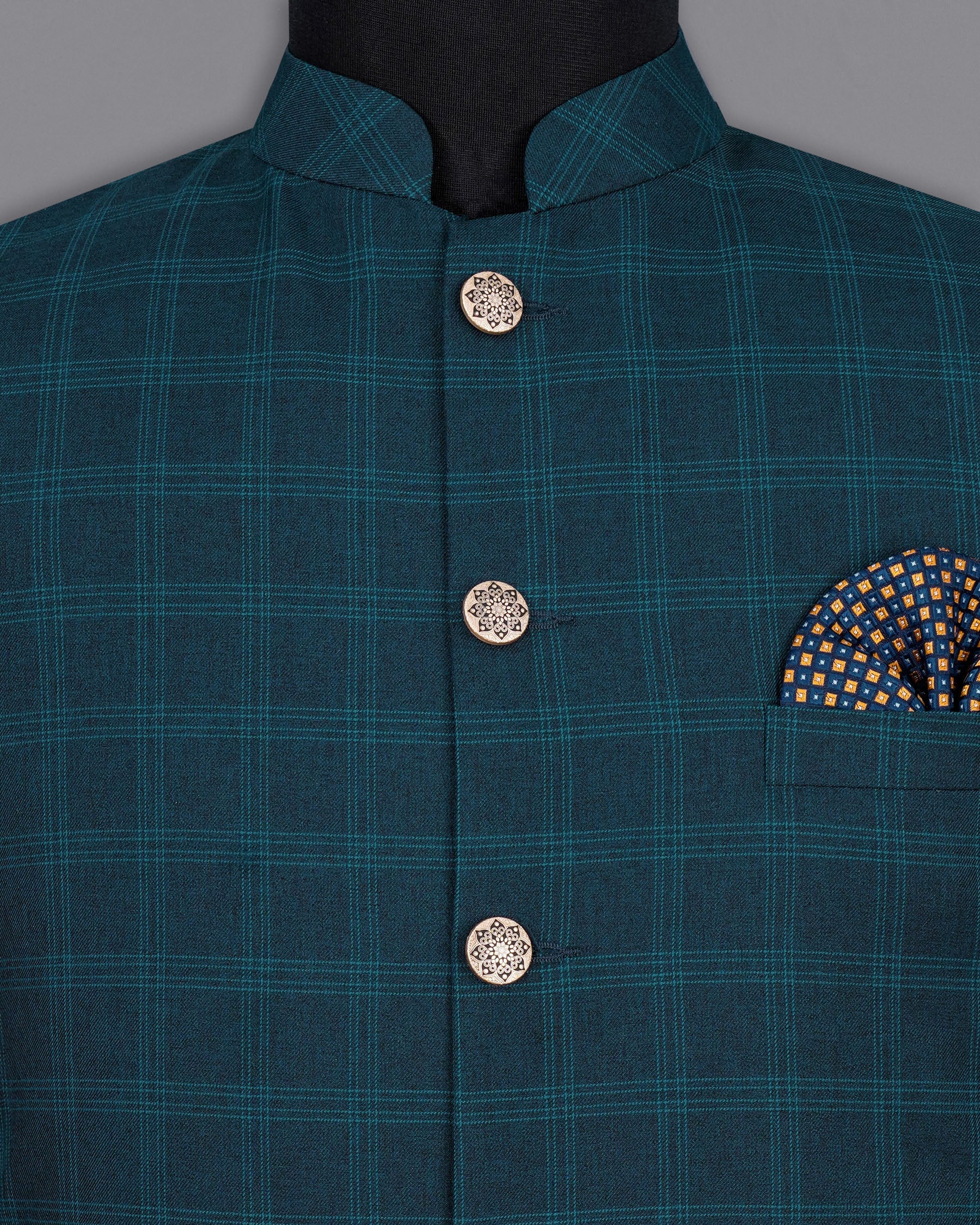Cloud Burst Sea Green Windowpane Cross Placket Bandhgala Suit