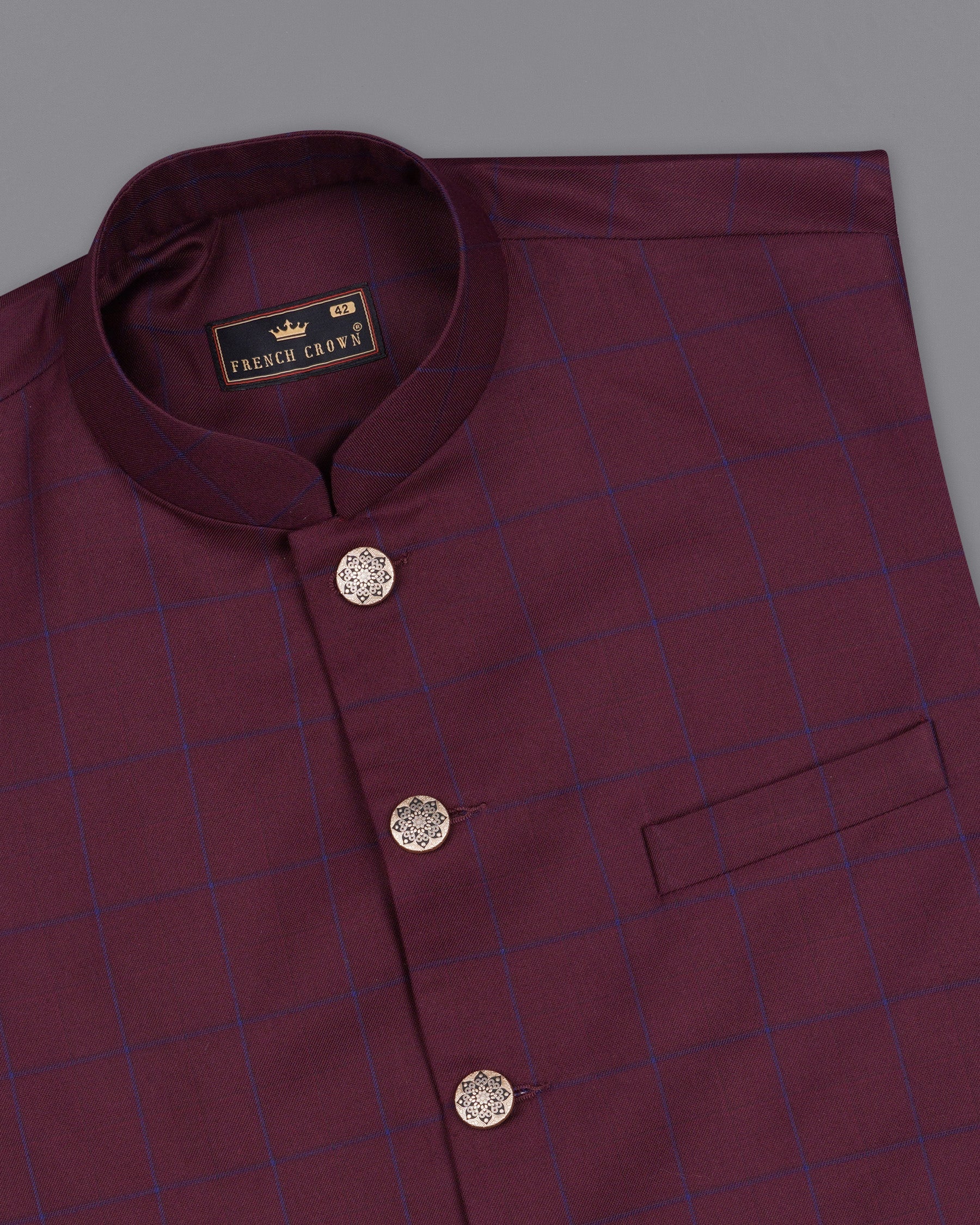 Wine Berry With Haiti Blue Windowpane Cross Placket Bandhgala Suit