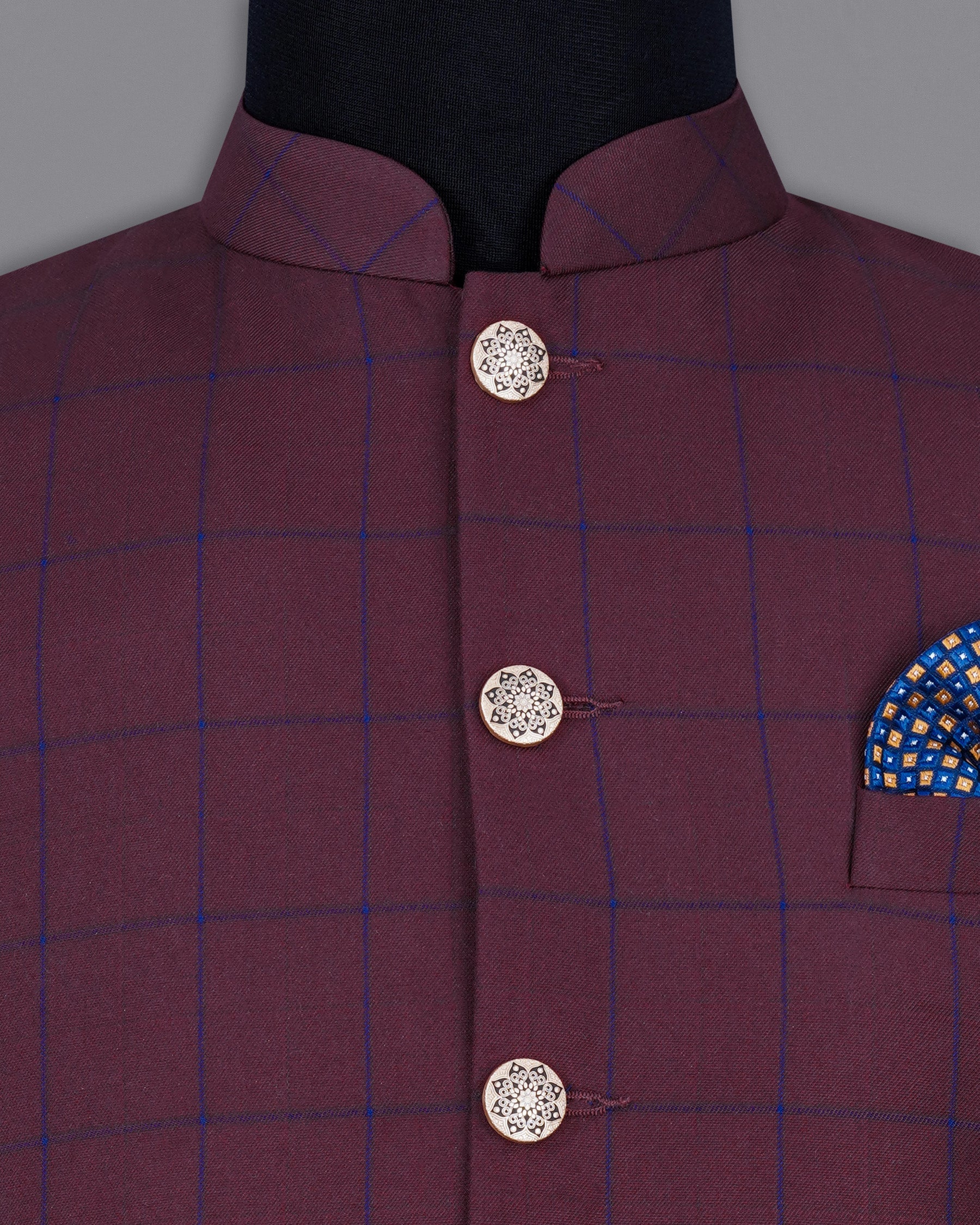 Wine Berry With Haiti Blue Windowpane Cross Placket Bandhgala Suit