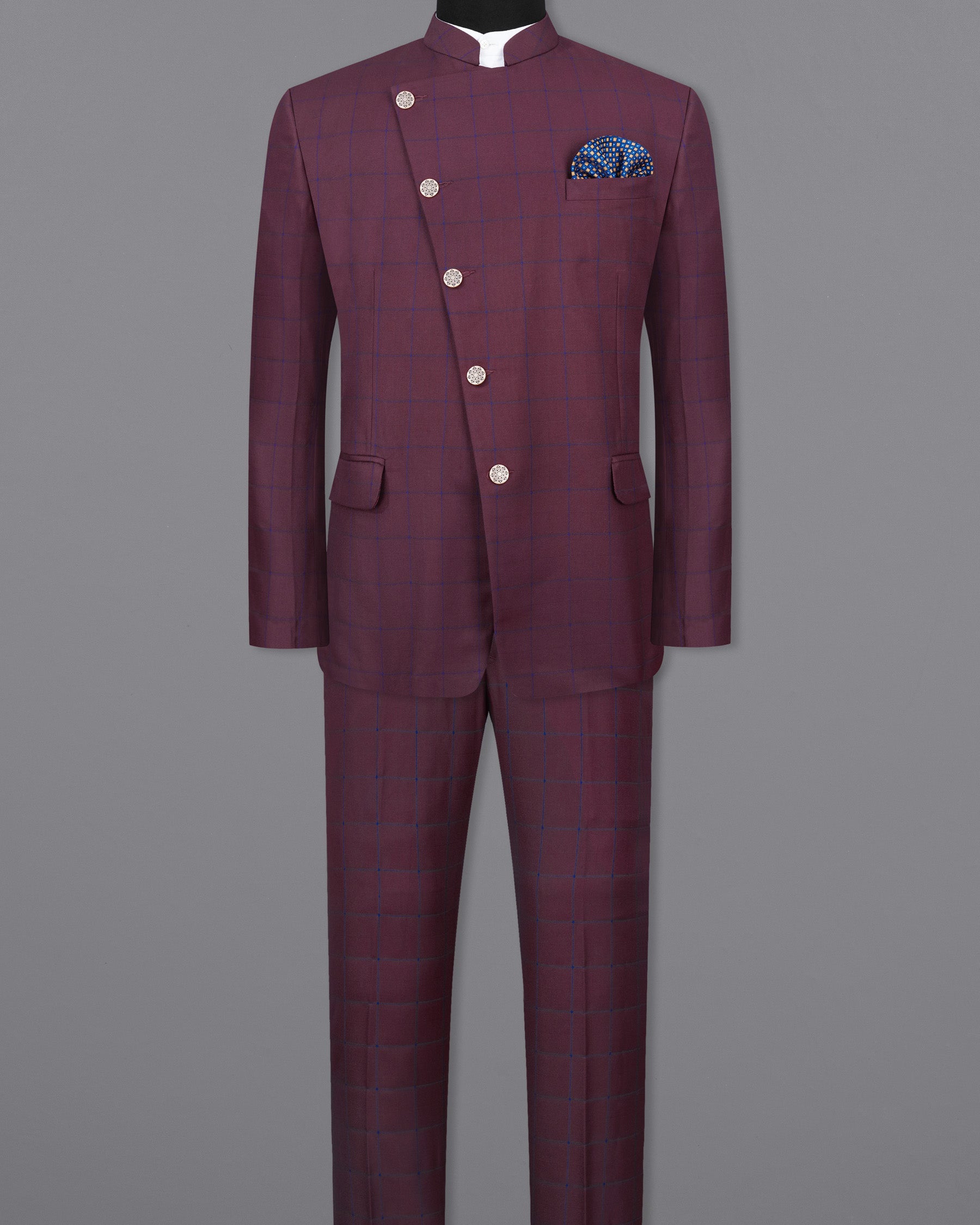 Wine Berry With Haiti Blue Windowpane Cross Placket Bandhgala Suit