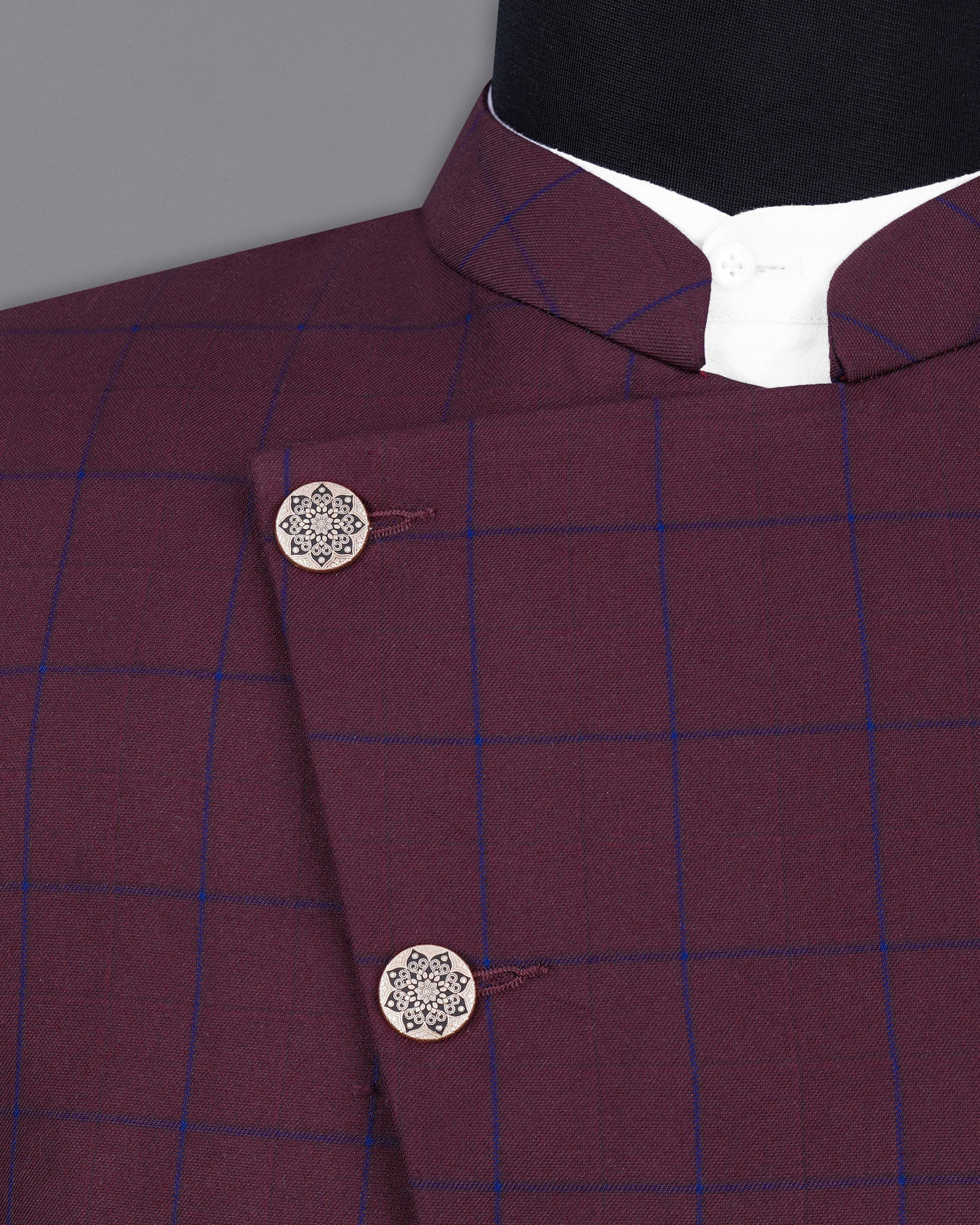 Wine Berry With Haiti Blue Windowpane Cross Placket Bandhgala Suit