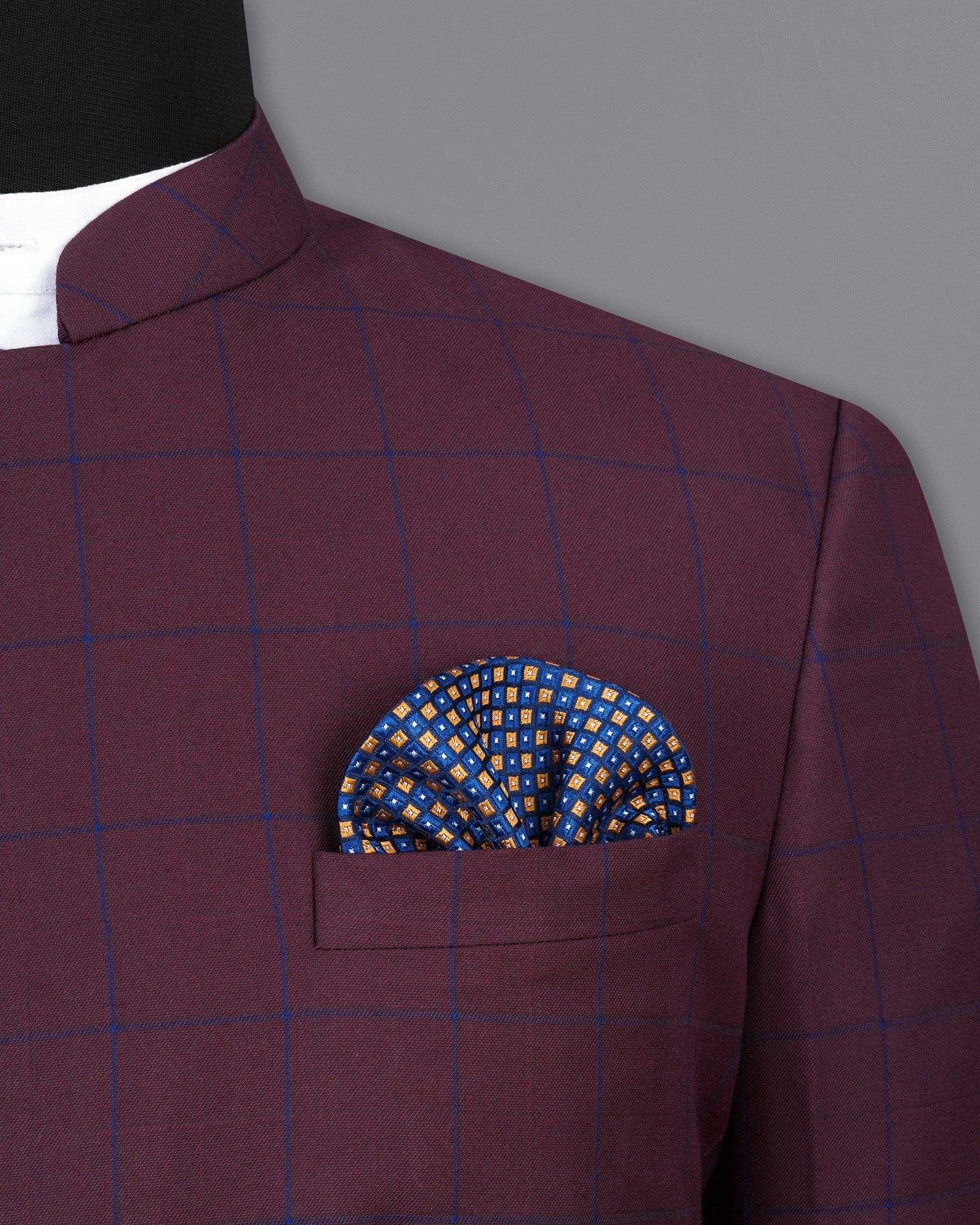 Wine Berry With Haiti Blue Windowpane Cross Placket Bandhgala Suit
