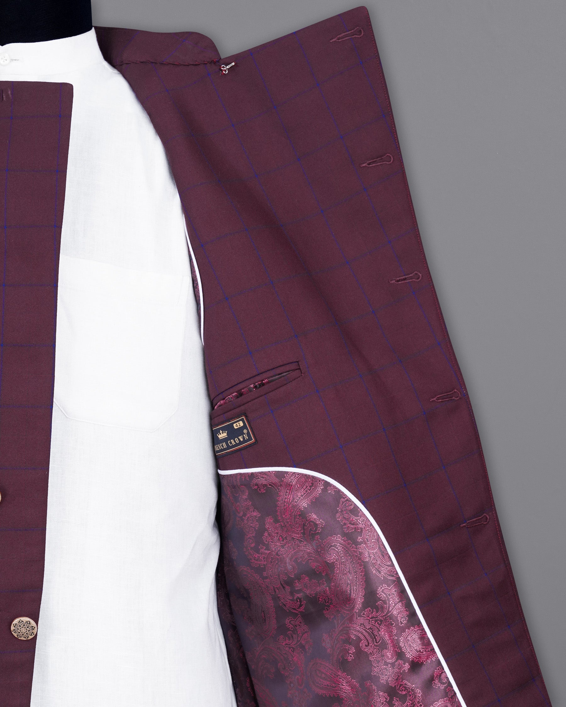 Wine Berry With Haiti Blue Windowpane Cross Placket Bandhgala Suit