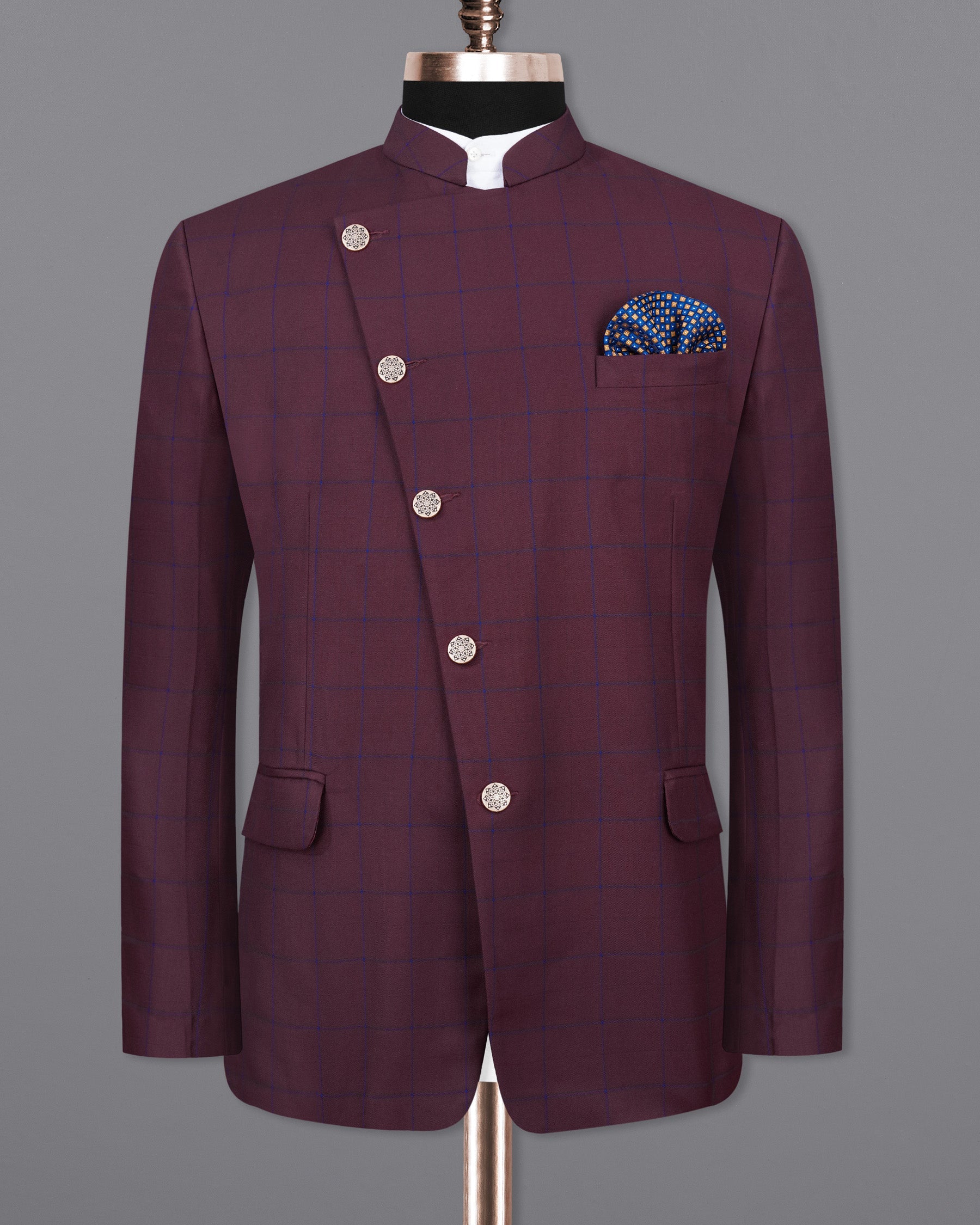 Wine Berry With Haiti Blue Windowpane Cross Placket Bandhgala Suit