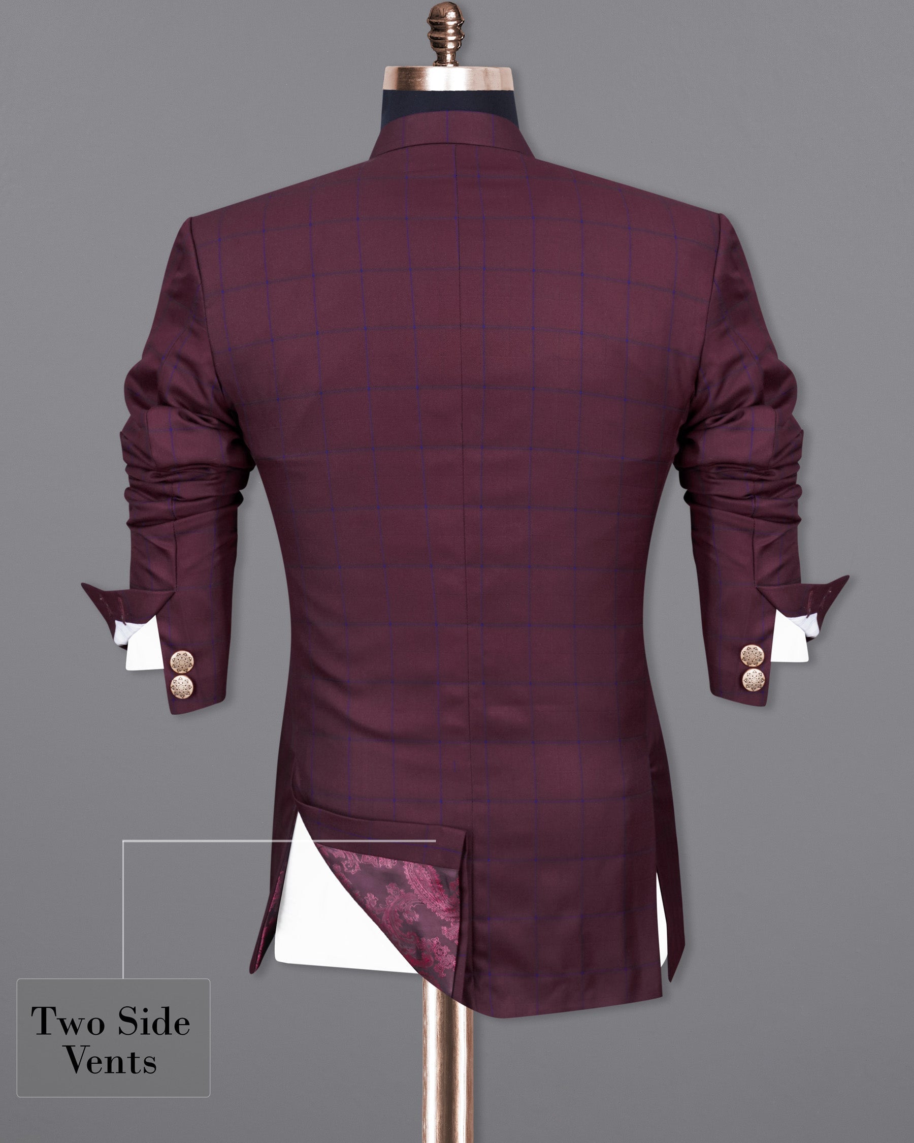 Wine Berry With Haiti Blue Windowpane Cross Placket Bandhgala Suit