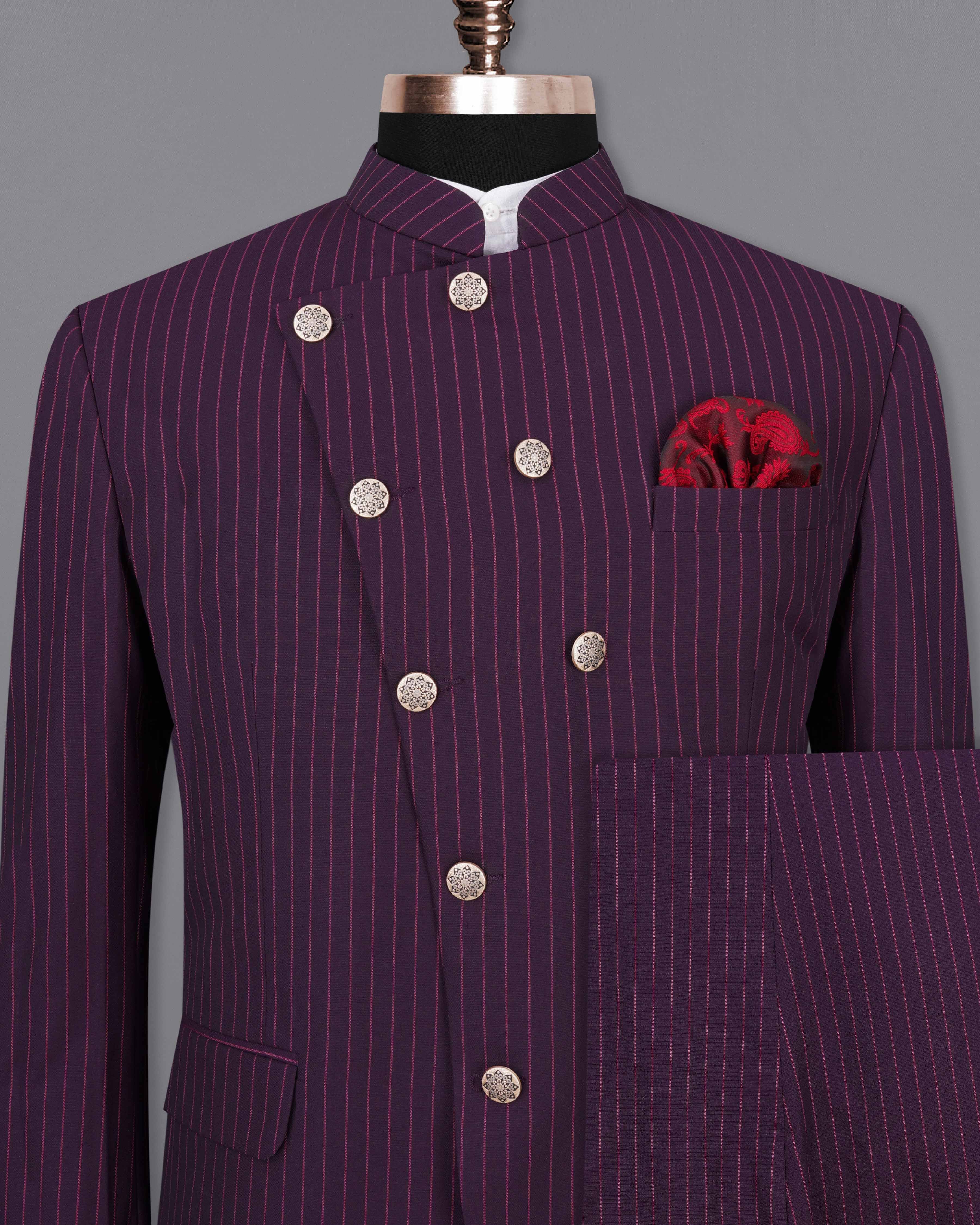 Tolopea Purple with Byzantium Pink Striped Cross Placket Bandhgala Designer Suit
