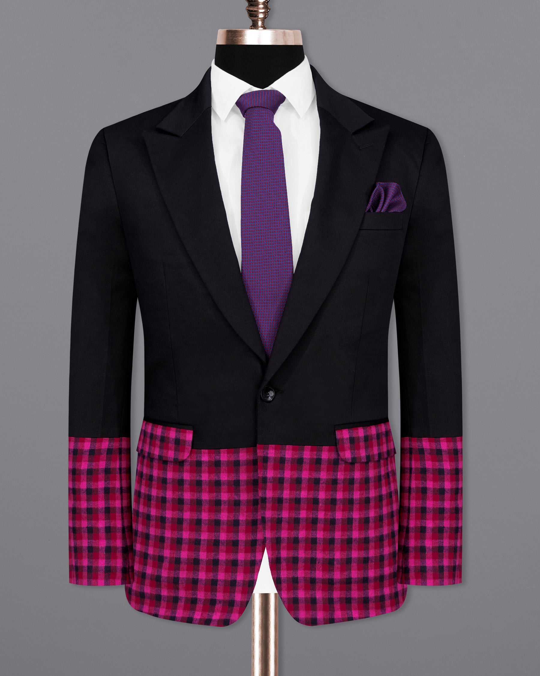 Half-Black and Half Jazzberry Pink Checkered Single-Breasted Premium Cotton Designer Suit