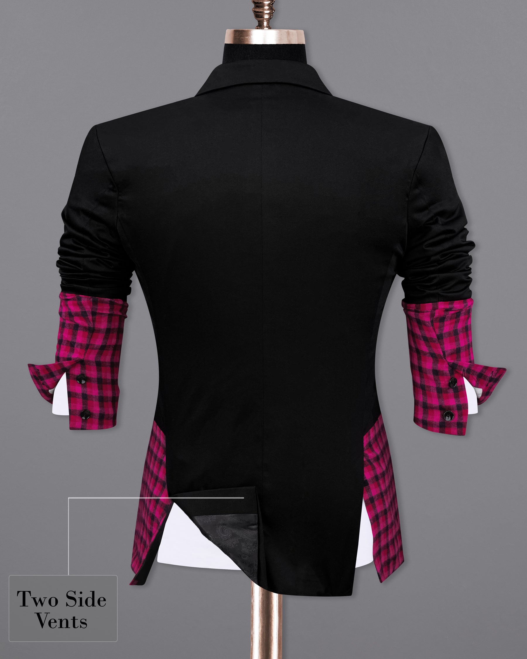 Half-Black and Half Jazzberry Pink Checkered Single-Breasted Premium Cotton Designer Suit