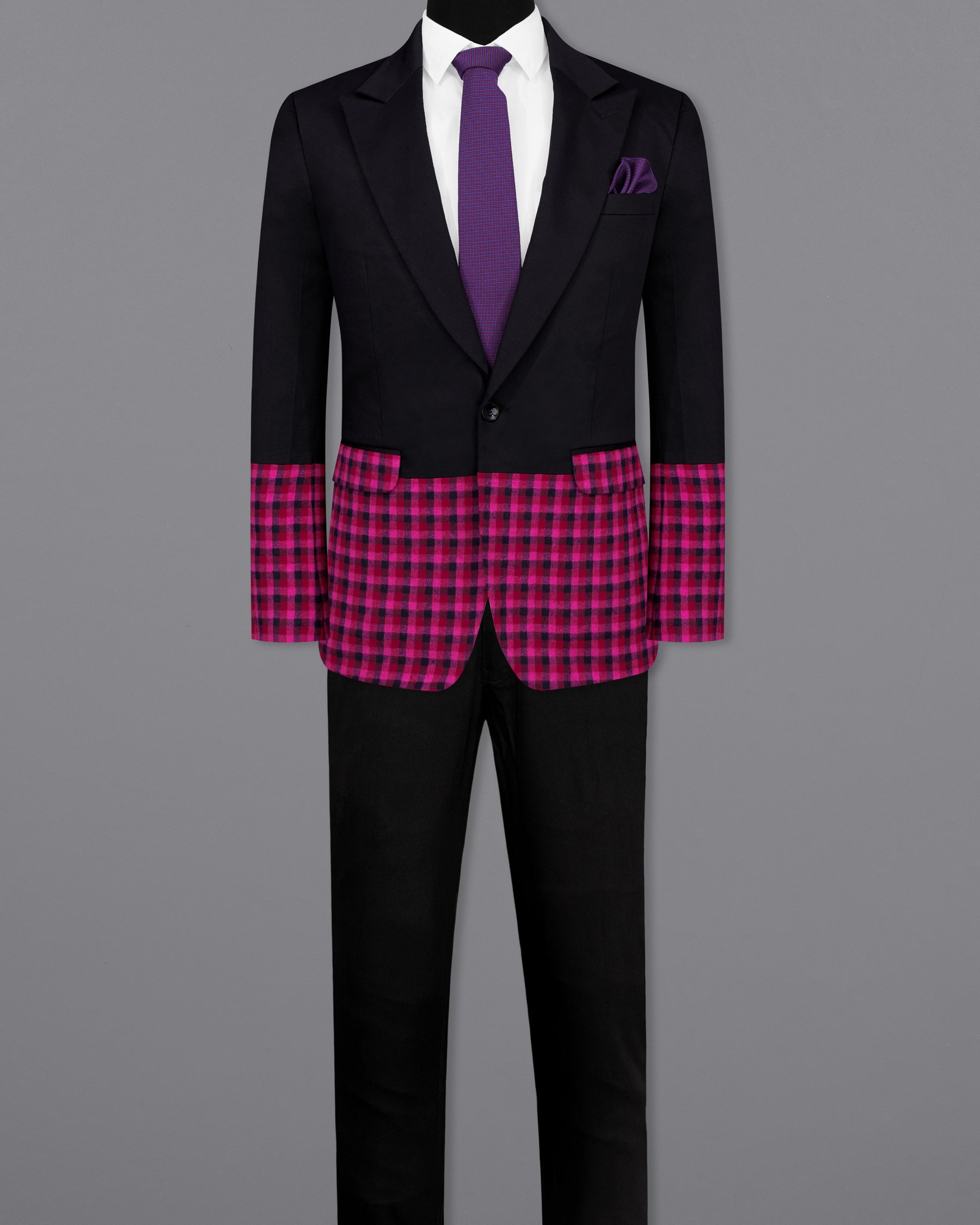 Half-Black and Half Jazzberry Pink Checkered Single-Breasted Premium Cotton Designer Suit