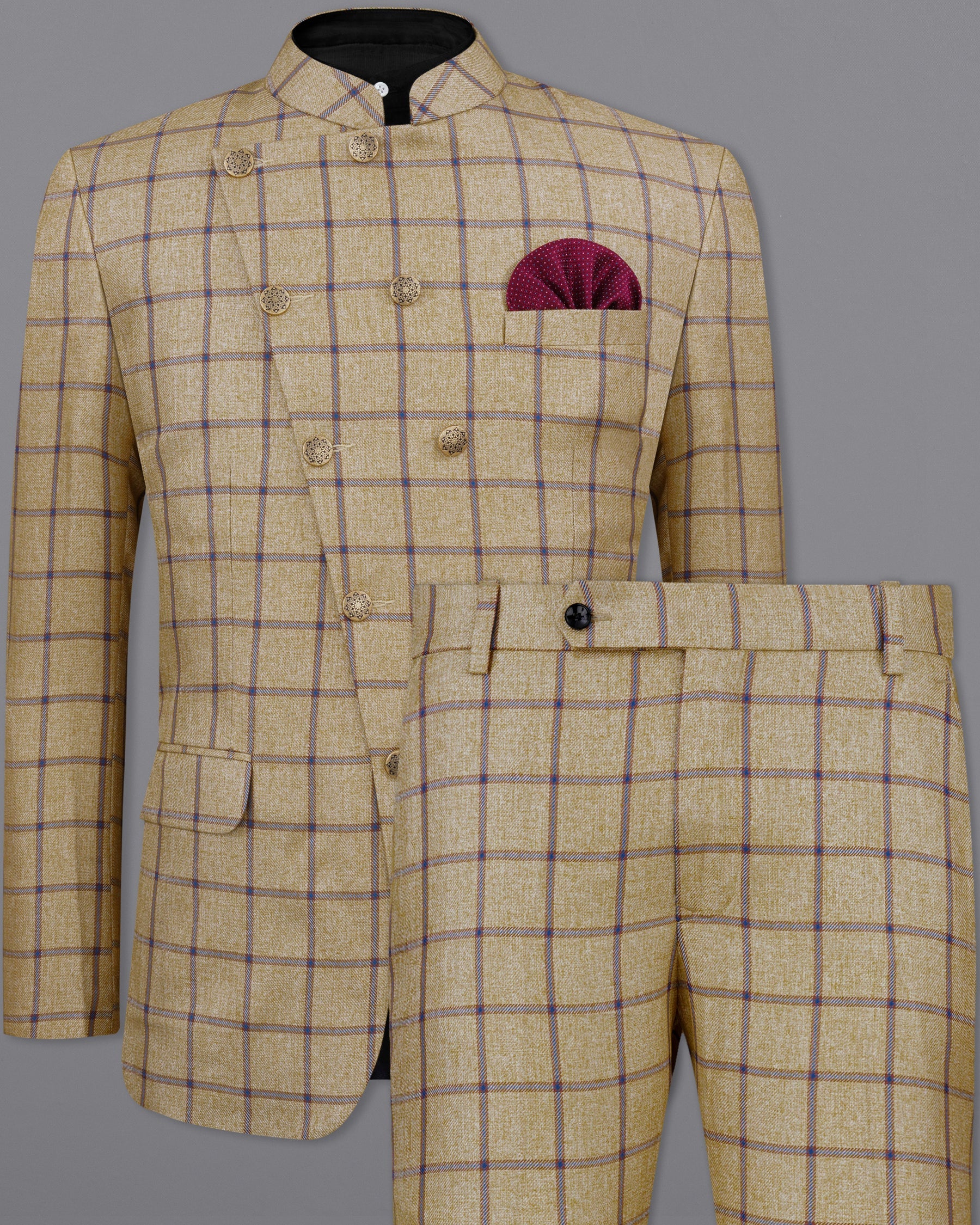 Mongoose Brown with Dianne Blue Windowpane Cross Placket Bandhgala Suit