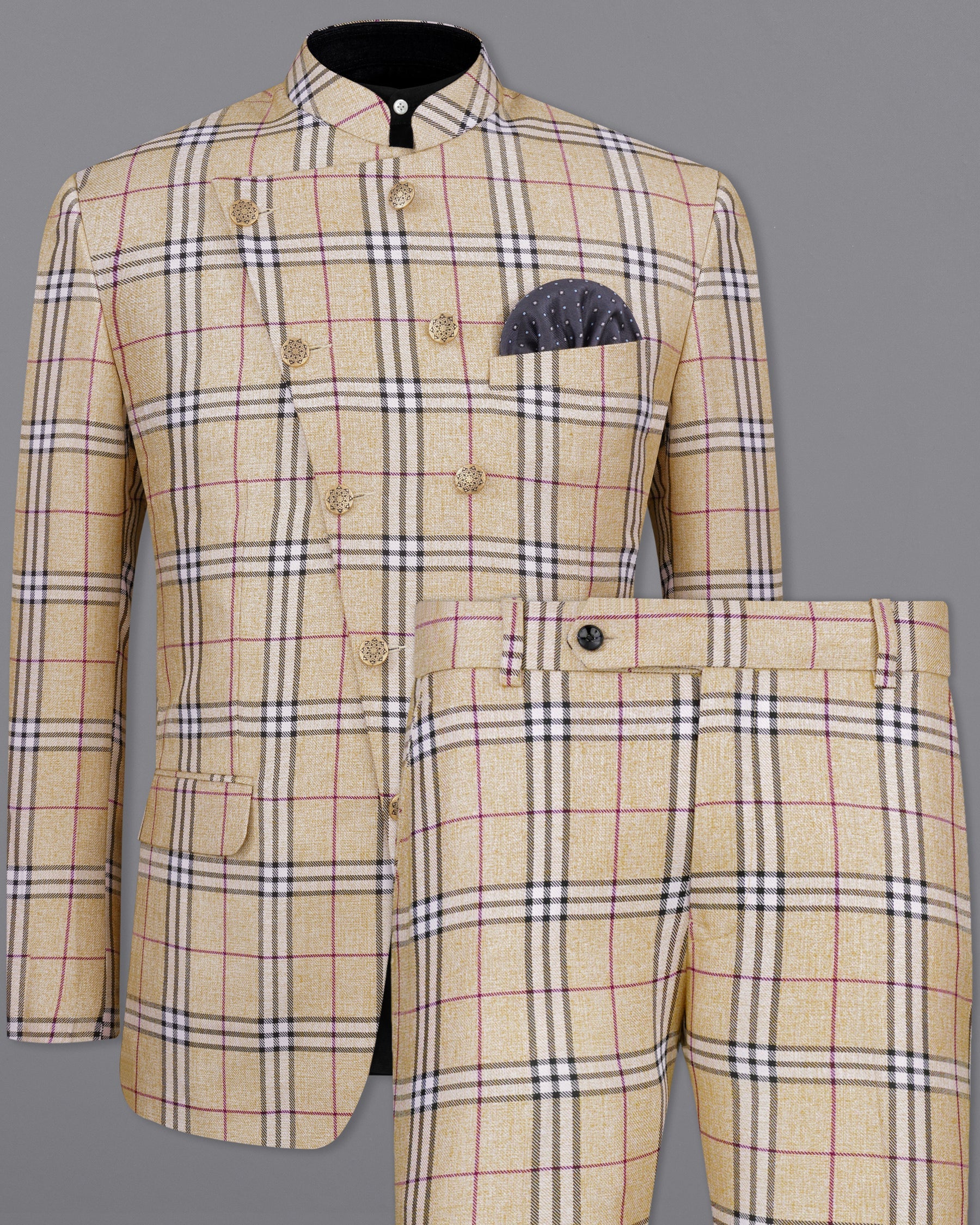 Sorrell Brown with Acadia Black Plaid Cross Placket Bandhgala Suit