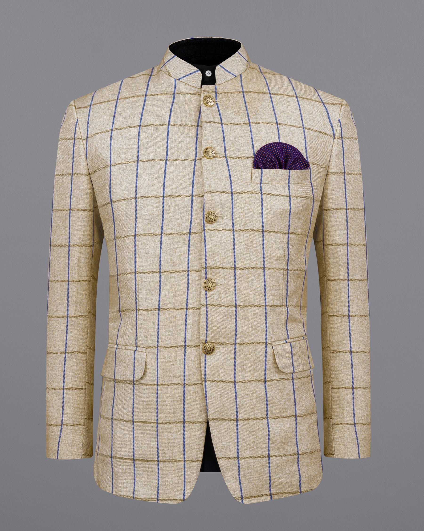Mushroom Light Brown Checkered Bandhgala Suit ST2139-BG-36, ST2139-BG-38, ST2139-BG-40, ST2139-BG-42, ST2139-BG-44, ST2139-BG-46, ST2139-BG-48, ST2139-BG-50, ST2139-BG-52, ST2139-BG-54, ST2139-BG-56, ST2139-BG-58, ST2139-BG-60