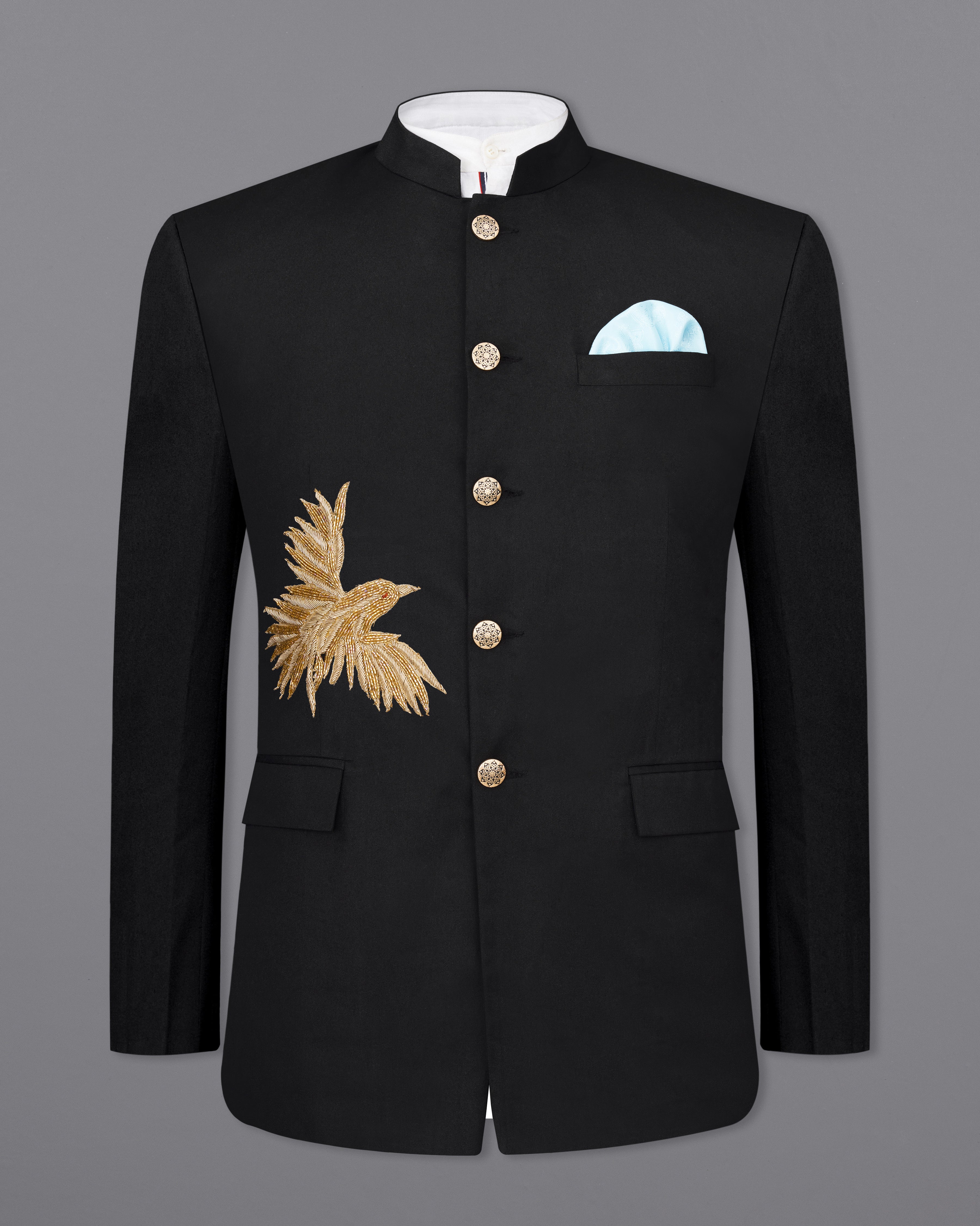 Jade Black with Camel Golden Bird Embroidered Bandhgala Designer Suit ST2379-D219-36, ST2379-D219-38, ST2379-D219-40, ST2379-D219-42, ST2379-D219-44, ST2379-D219-46, ST2379-D219-48, ST2379-D219-50, ST2379-D219-52, ST2379-D219-54, ST2379-D219-56, ST2379-D219-58, ST2379-D219-60