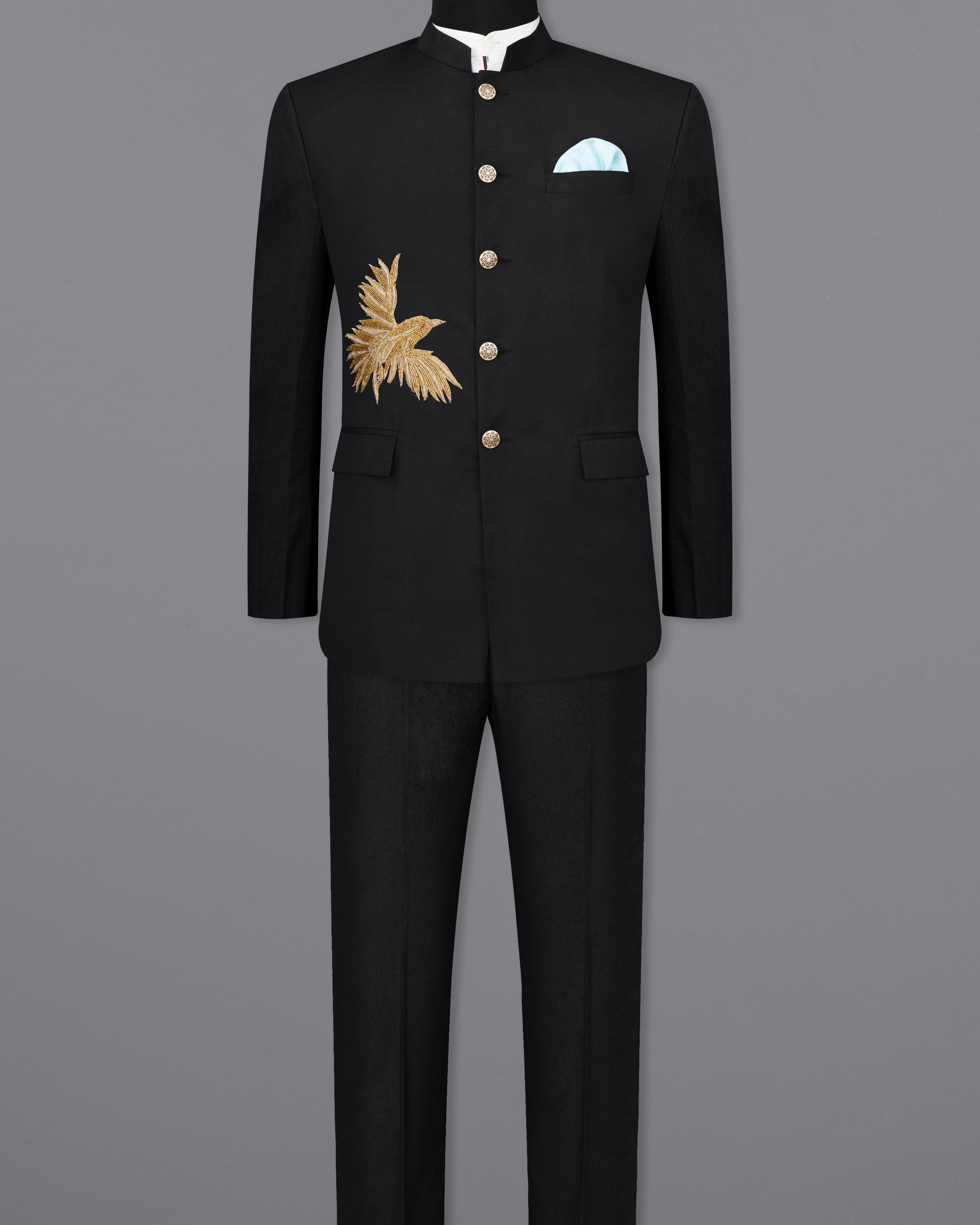 Jade Black with Camel Golden Bird Embroidered Bandhgala Designer Suit ST2379-D219-36, ST2379-D219-38, ST2379-D219-40, ST2379-D219-42, ST2379-D219-44, ST2379-D219-46, ST2379-D219-48, ST2379-D219-50, ST2379-D219-52, ST2379-D219-54, ST2379-D219-56, ST2379-D219-58, ST2379-D219-60