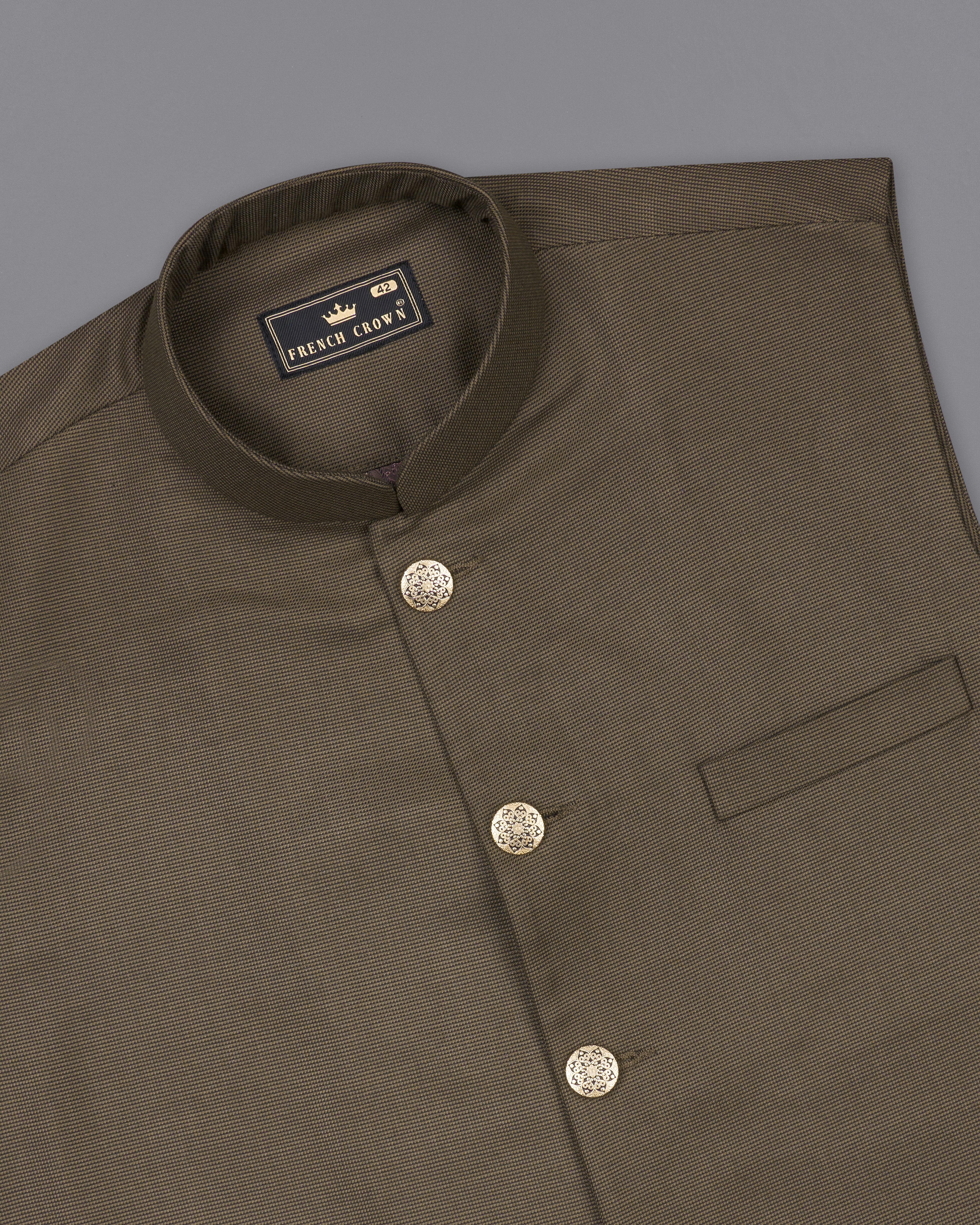 Fuscous Brown Cross Buttoned Bandhgala Suit ST2514-CBG-36, ST2514-CBG-38, ST2514-CBG-40, ST2514-CBG-42, ST2514-CBG-44, ST2514-CBG-46, ST2514-CBG-48, ST2514-CBG-50, ST2514-CBG-52, ST2514-CBG-54, ST2514-CBG-56, ST2514-CBG-58, ST2514-CBG-60