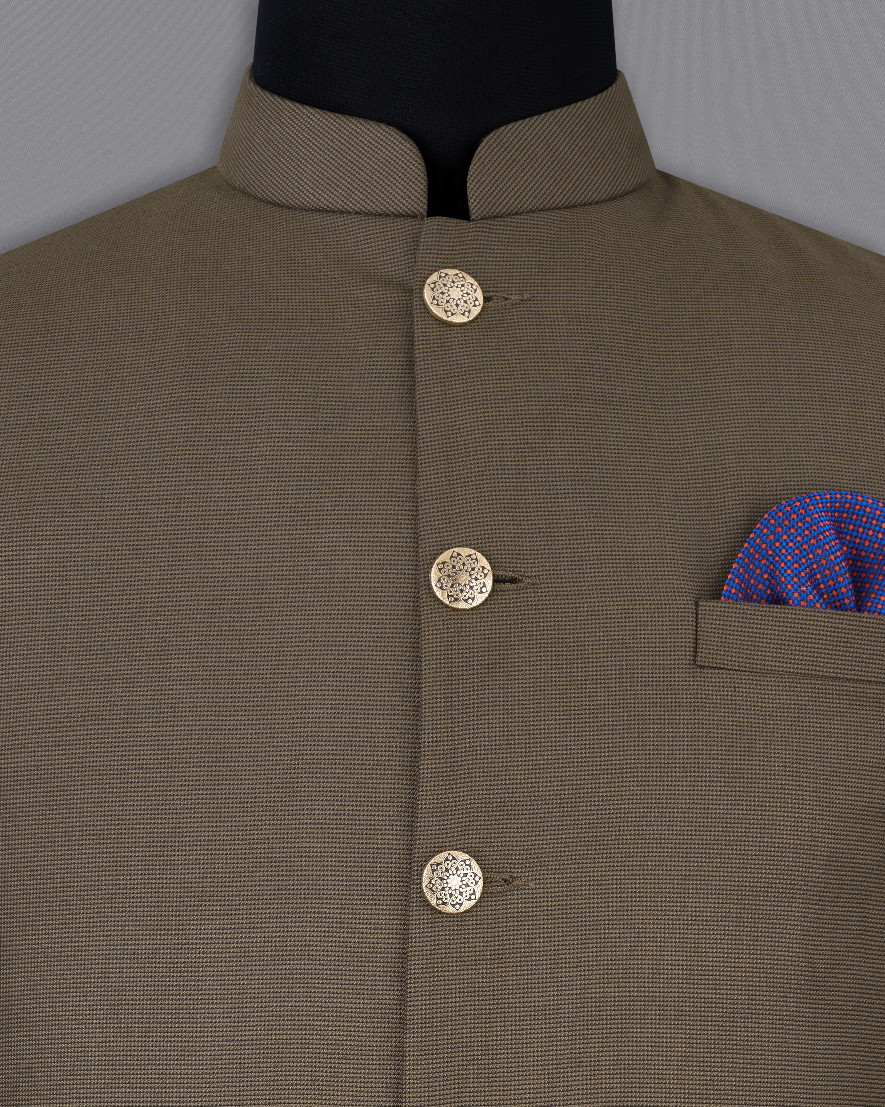 Fuscous Brown Cross Buttoned Bandhgala Suit ST2514-CBG-36, ST2514-CBG-38, ST2514-CBG-40, ST2514-CBG-42, ST2514-CBG-44, ST2514-CBG-46, ST2514-CBG-48, ST2514-CBG-50, ST2514-CBG-52, ST2514-CBG-54, ST2514-CBG-56, ST2514-CBG-58, ST2514-CBG-60