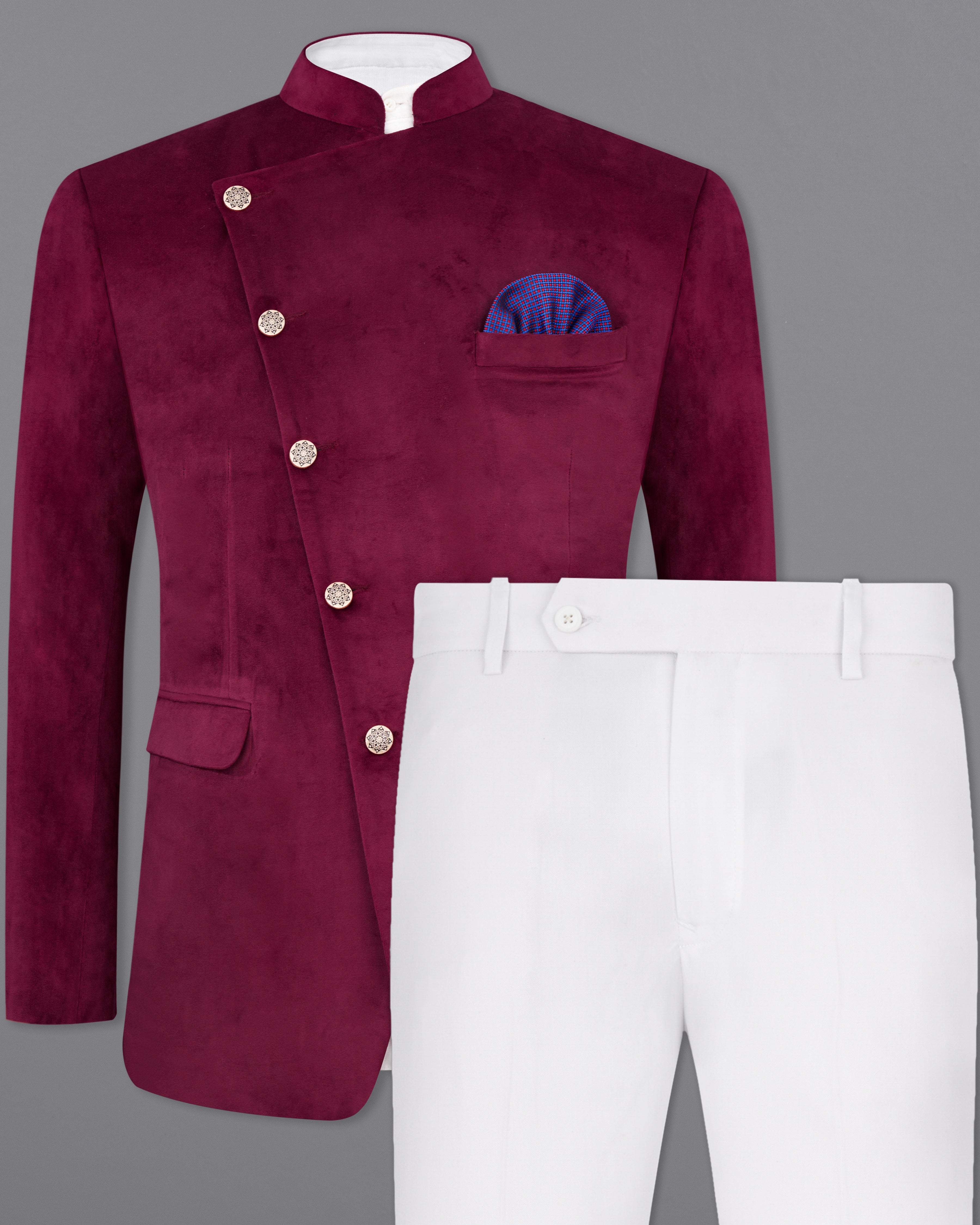 Barossa Maroon Cross Buttoned Bandhgala Velvet Suit ST2587-CBG-36,ST2587-CBG-38,ST2587-CBG-40,ST2587-CBG-42,ST2587-CBG-44,ST2587-CBG-46,ST2587-CBG-48,ST2587-CBG-50,,ST2587-CBG-52,ST2587-CBG-54,ST2587-CBG-56,ST2587-CBG-58,ST2587-CBG-60