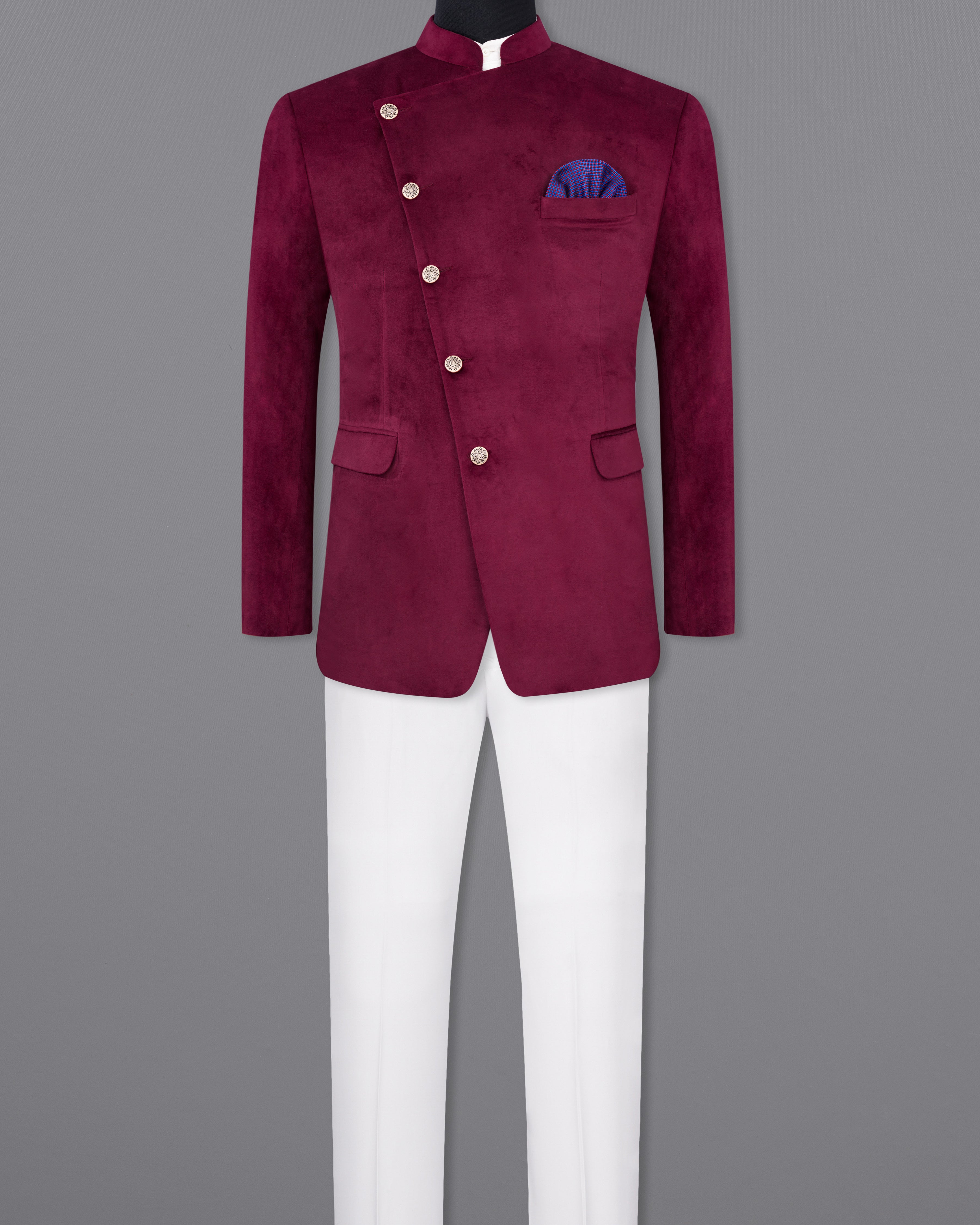 Barossa Maroon Cross Buttoned Bandhgala Velvet Suit ST2587-CBG-36,ST2587-CBG-38,ST2587-CBG-40,ST2587-CBG-42,ST2587-CBG-44,ST2587-CBG-46,ST2587-CBG-48,ST2587-CBG-50,,ST2587-CBG-52,ST2587-CBG-54,ST2587-CBG-56,ST2587-CBG-58,ST2587-CBG-60