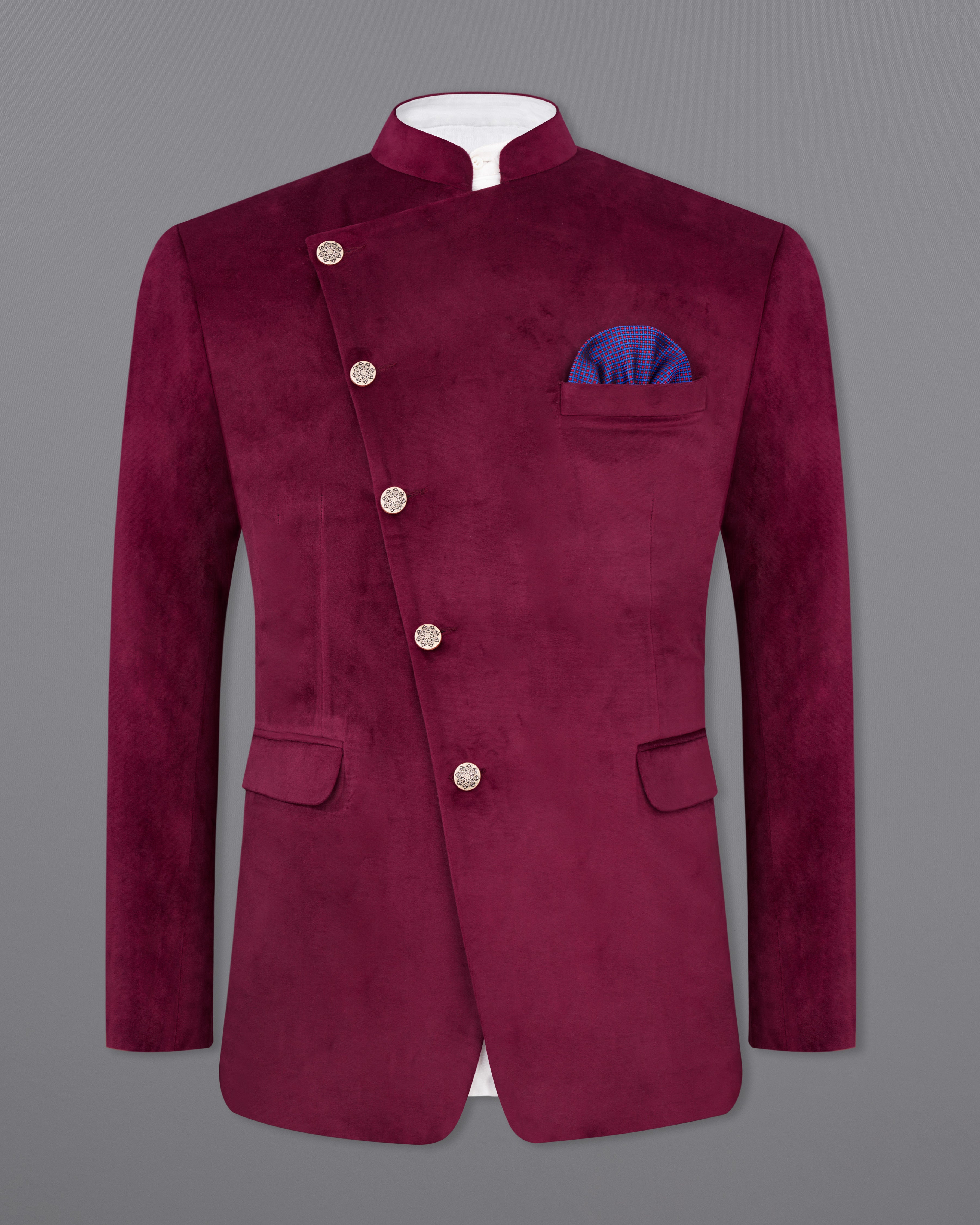 Barossa Maroon Cross Buttoned Bandhgala Velvet Suit ST2587-CBG-36,ST2587-CBG-38,ST2587-CBG-40,ST2587-CBG-42,ST2587-CBG-44,ST2587-CBG-46,ST2587-CBG-48,ST2587-CBG-50,,ST2587-CBG-52,ST2587-CBG-54,ST2587-CBG-56,ST2587-CBG-58,ST2587-CBG-60