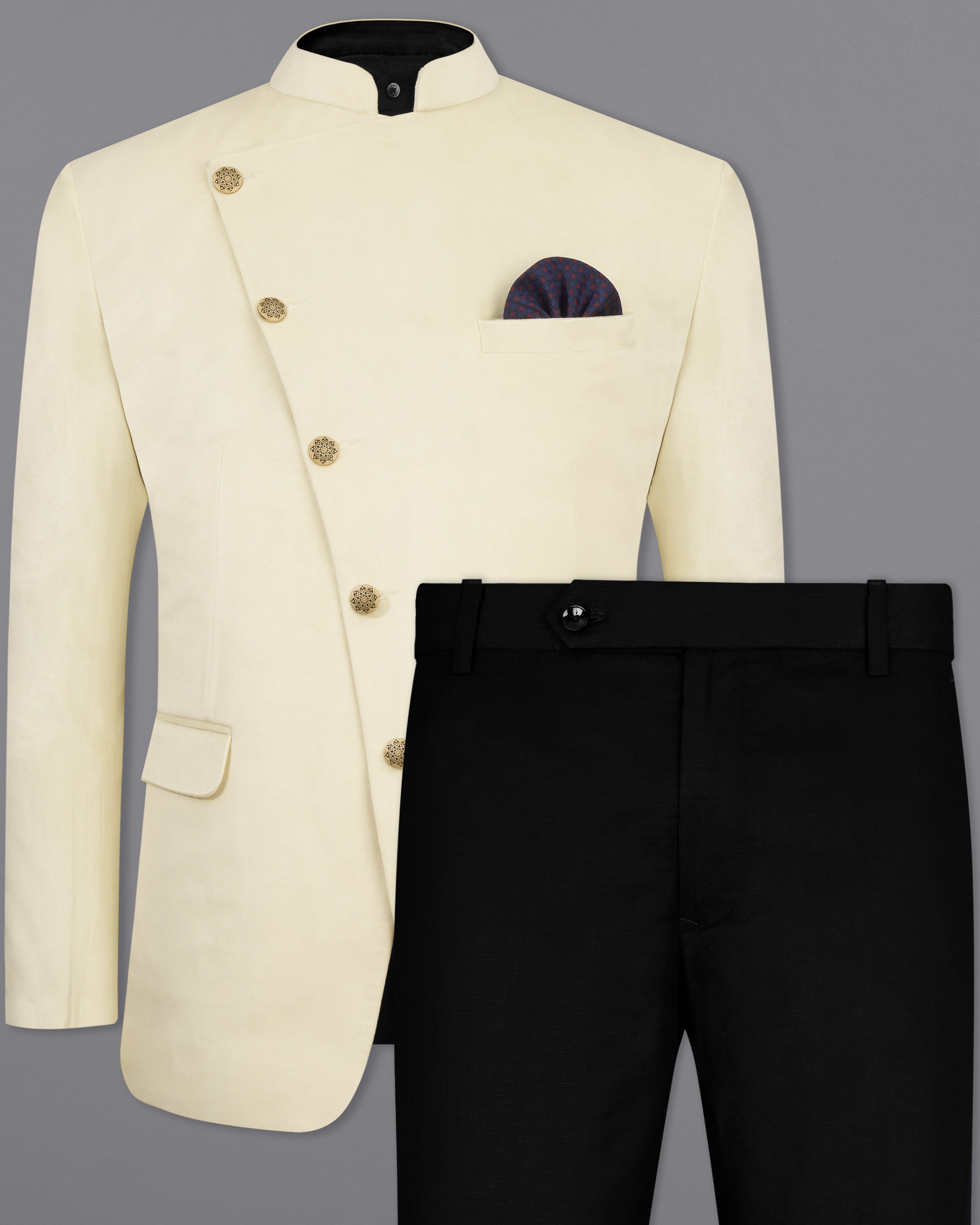 Eggshell Cream Cross Buttoned Bandhgala Velvet Suit ST2590-CBG-36,ST2590-CBG-38,ST2590-CBG-40,ST2590-CBG-42,ST2590-CBG-44,ST2590-CBG-46,ST2590-CBG-48,ST2590-CBG-50,,ST2590-CBG-52,ST2590-CBG-54,ST2590-CBG-56,ST2590-CBG-58,ST2590-CBG-60