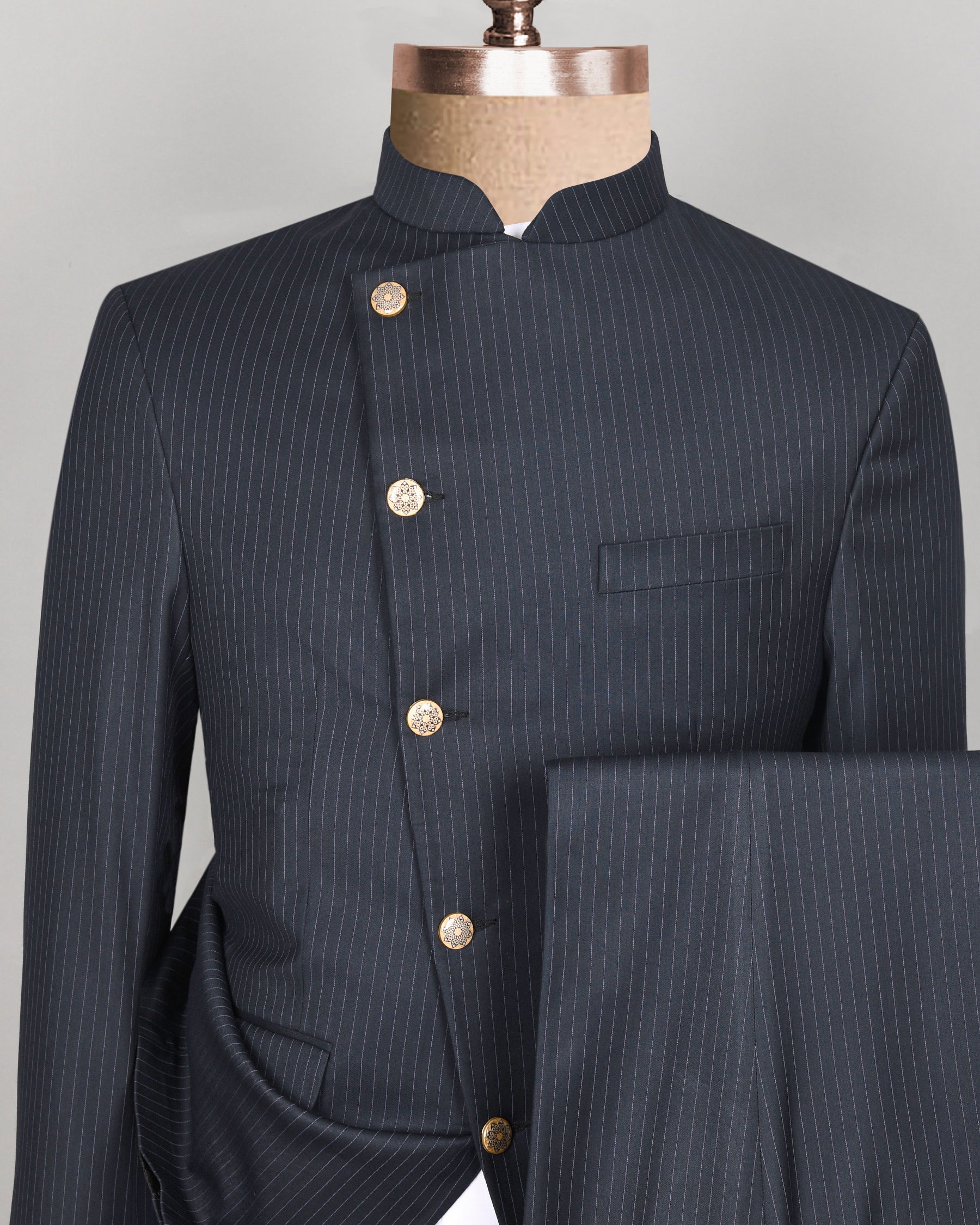 Blue Pinstriped Cross Placket Bandhgala/Mandarin wool blend Suit