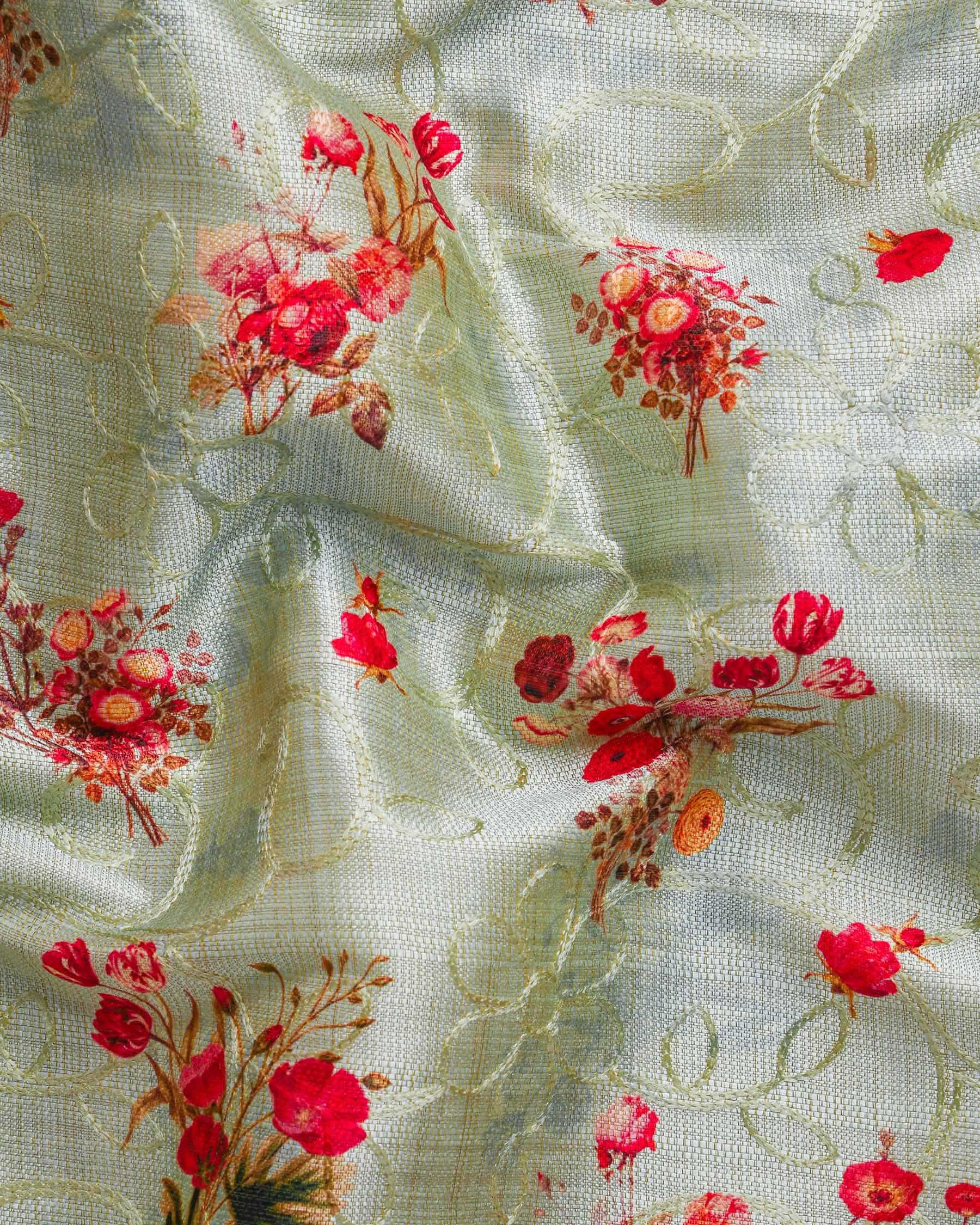 Mint Tonal Embroidered and Red flowers Printed Bandhgala/Mandarin Designer Suit