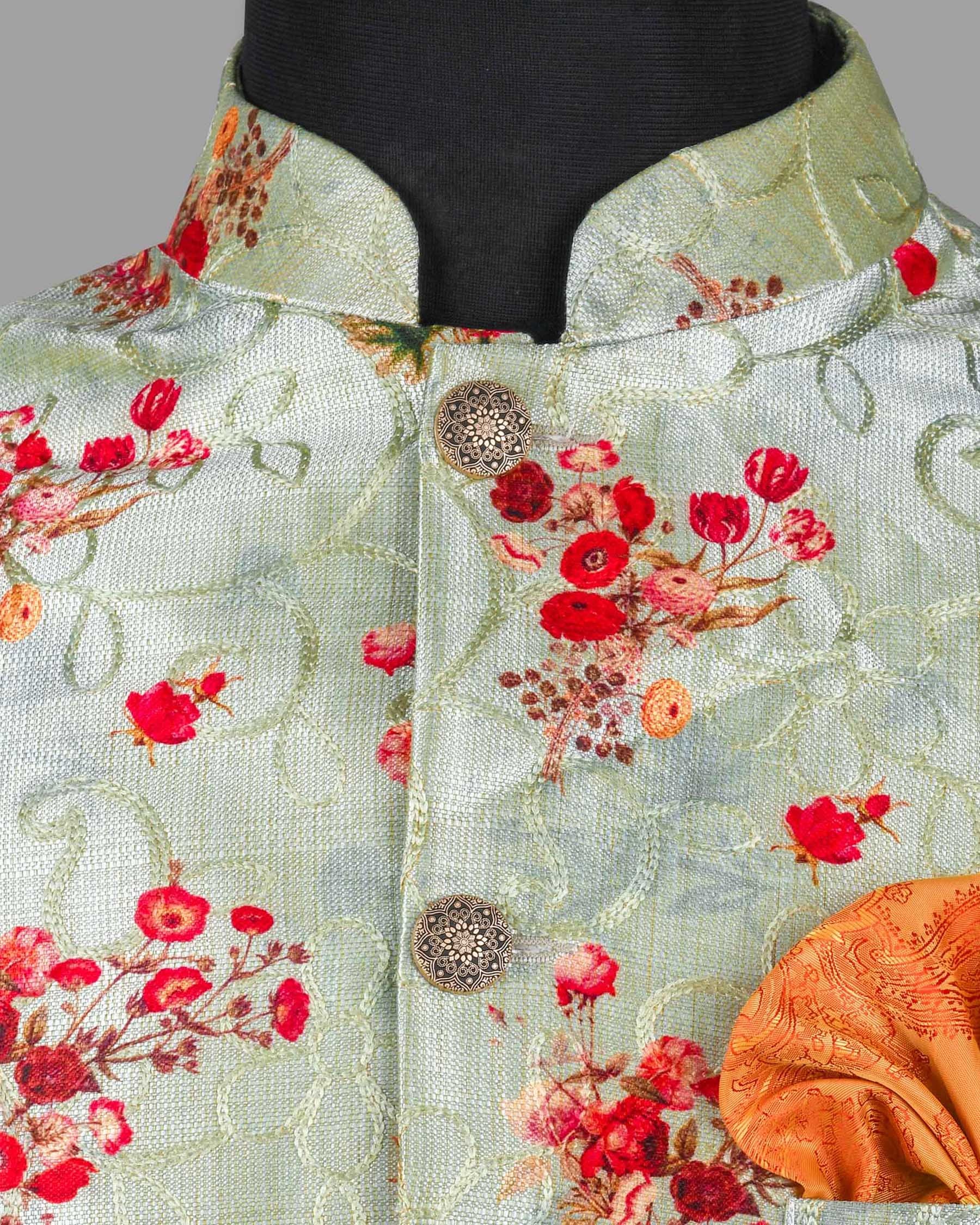 Mint Tonal Embroidered and Red flowers Printed Bandhgala/Mandarin Designer Suit