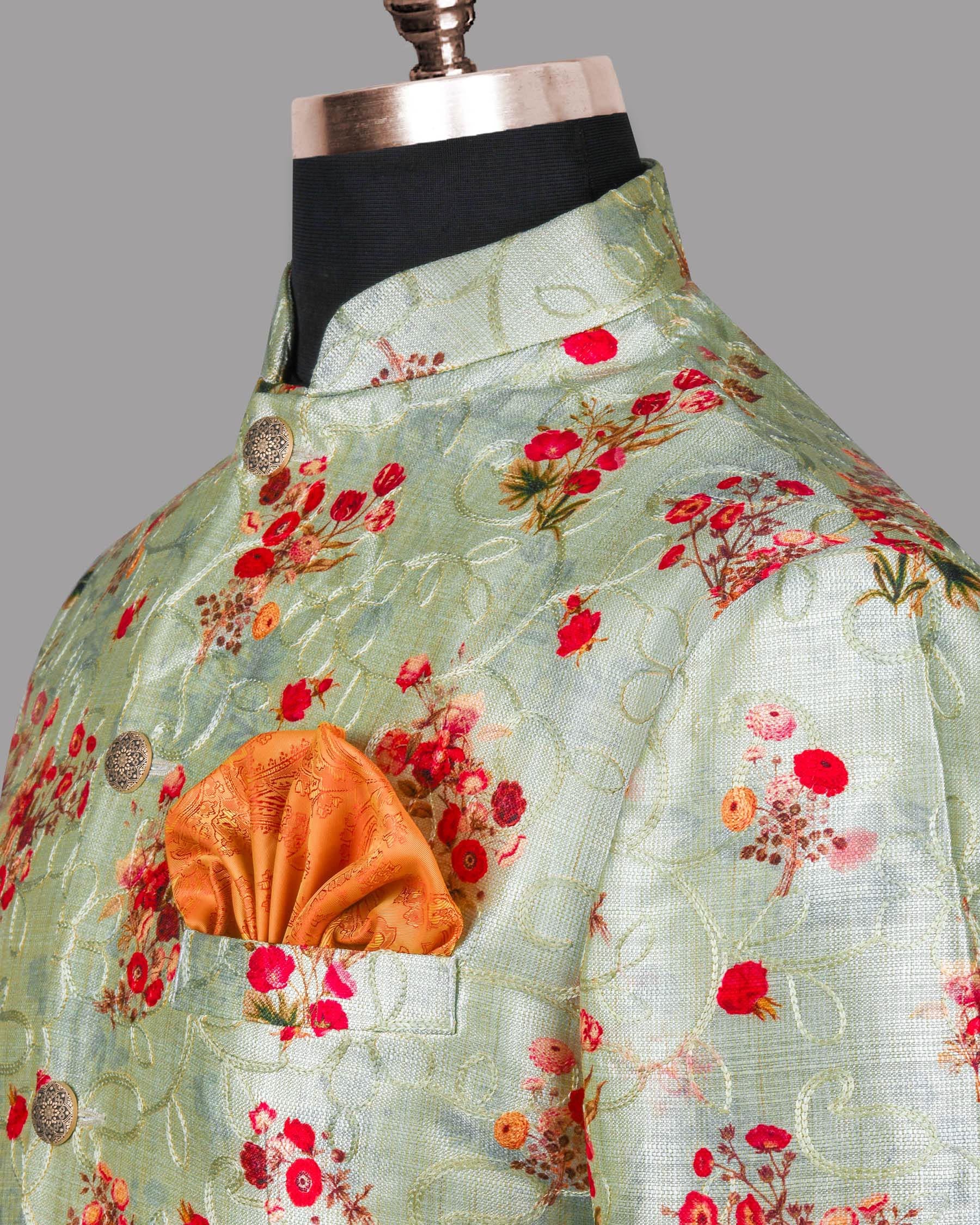 Mint Tonal Embroidered and Red flowers Printed Bandhgala/Mandarin Designer Suit
