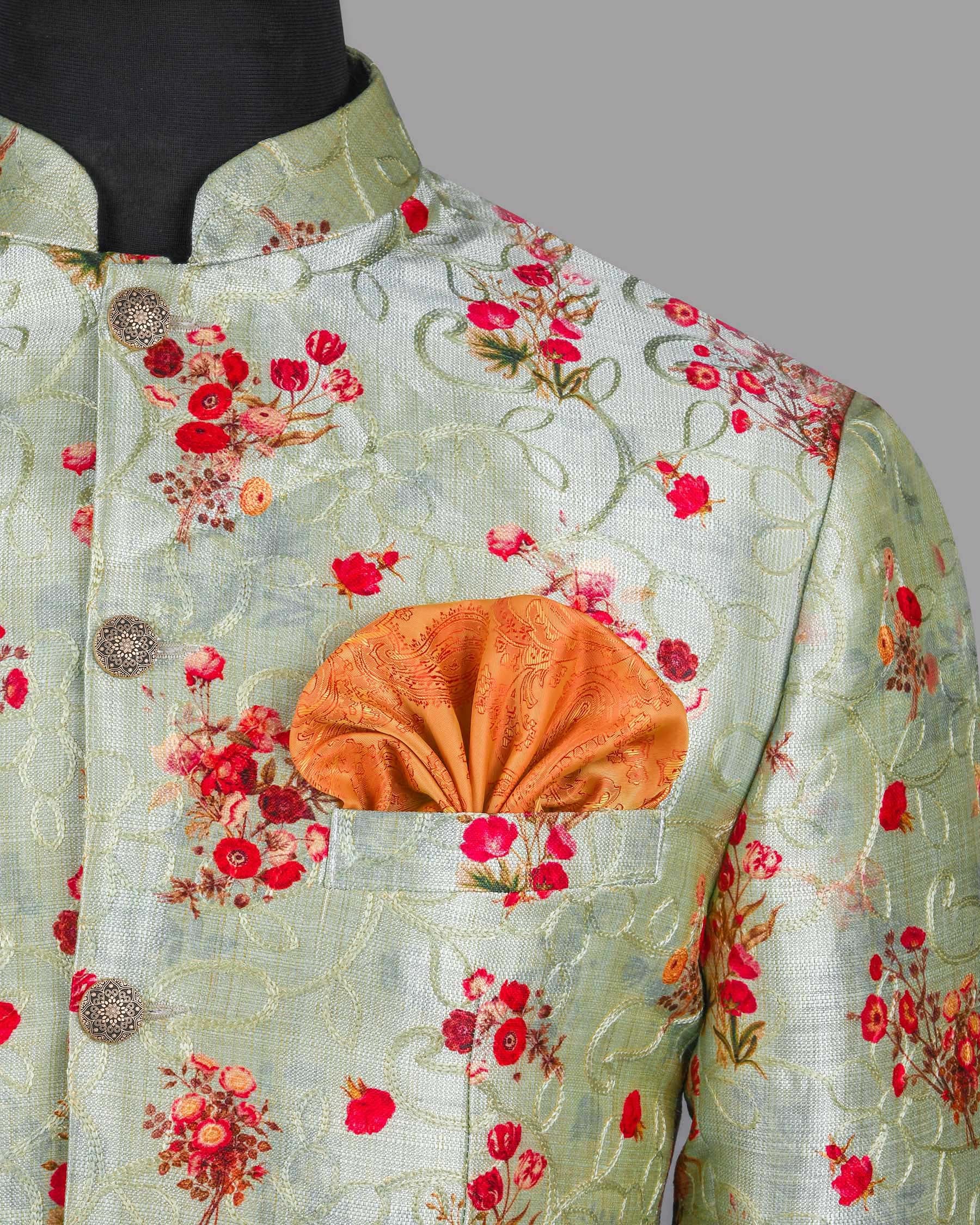 Mint Tonal Embroidered and Red flowers Printed Bandhgala/Mandarin Designer Suit